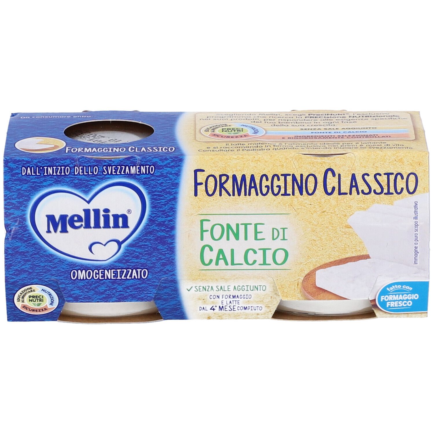 Verpackung mit zwei Gläsern Mellin Formag class 2x80 ml. Aufschrift: Formaggino Classico, Fonte di Calcio. Marke Mellin.