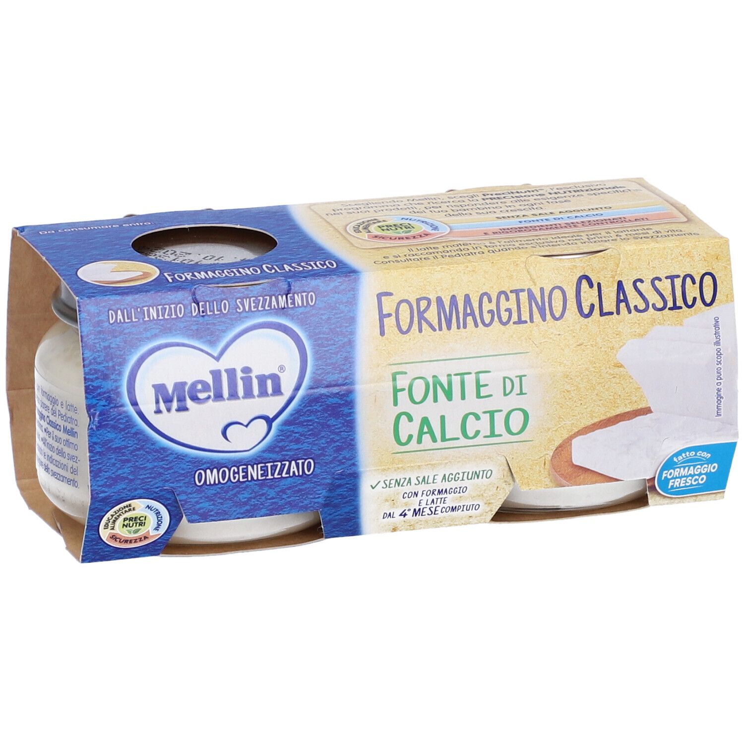 Verpackung mit zwei Gläsern Mellin Formag class 2x80 ml. Aufschrift: Formaggino Classico, Fonte di Calcio. Marke Mellin.