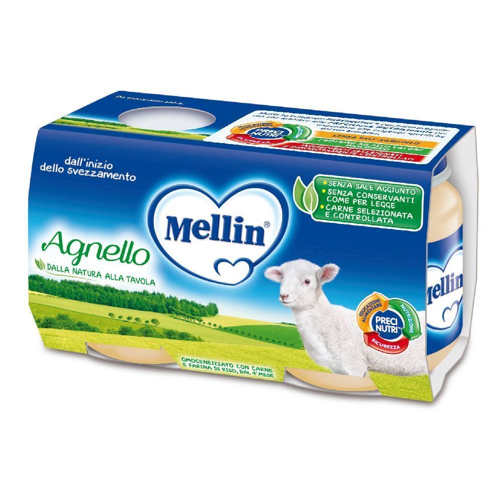 Mellin Lammfleisch-Gericht für Babys, 4x80g Packung mit Lamm-Motiv.