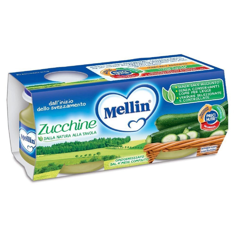 Confezione da due vasetti di omogeneizzato di zucchine Mellin. Confezione blu e bianca con nome e logo del prodotto. Zucchine illustrate.