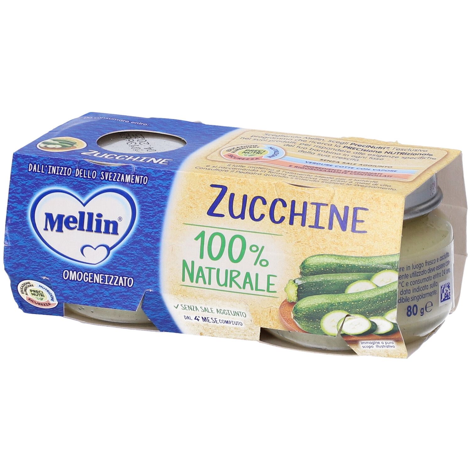 Confezione da due vasetti di omogeneizzato di zucchine Mellin. Scritta '100% NATURALE'. Zucchine e logo del prodotto illustrati.