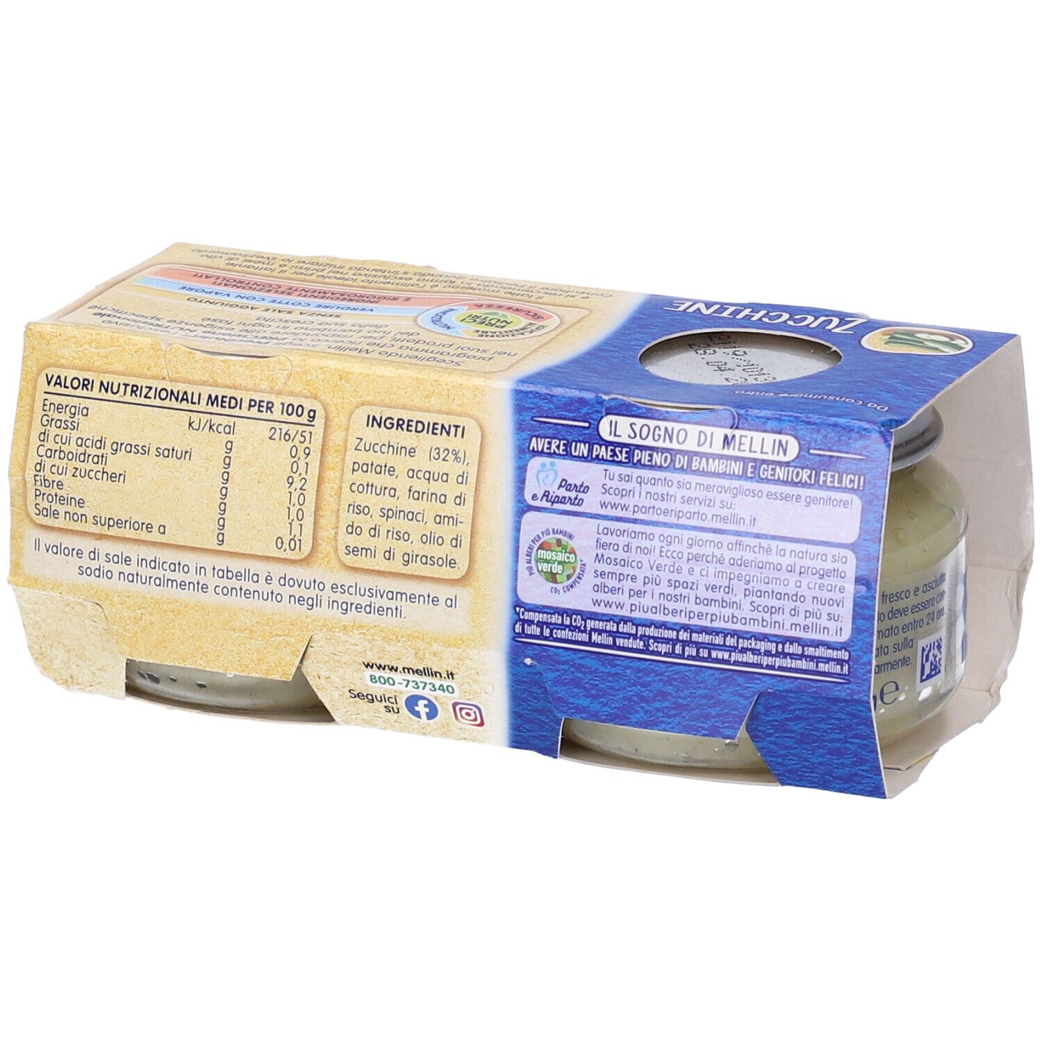 Retro della confezione di due vasetti di omogeneizzato di zucchine Mellin. Informazioni nutrizionali e lista ingredienti visibili.