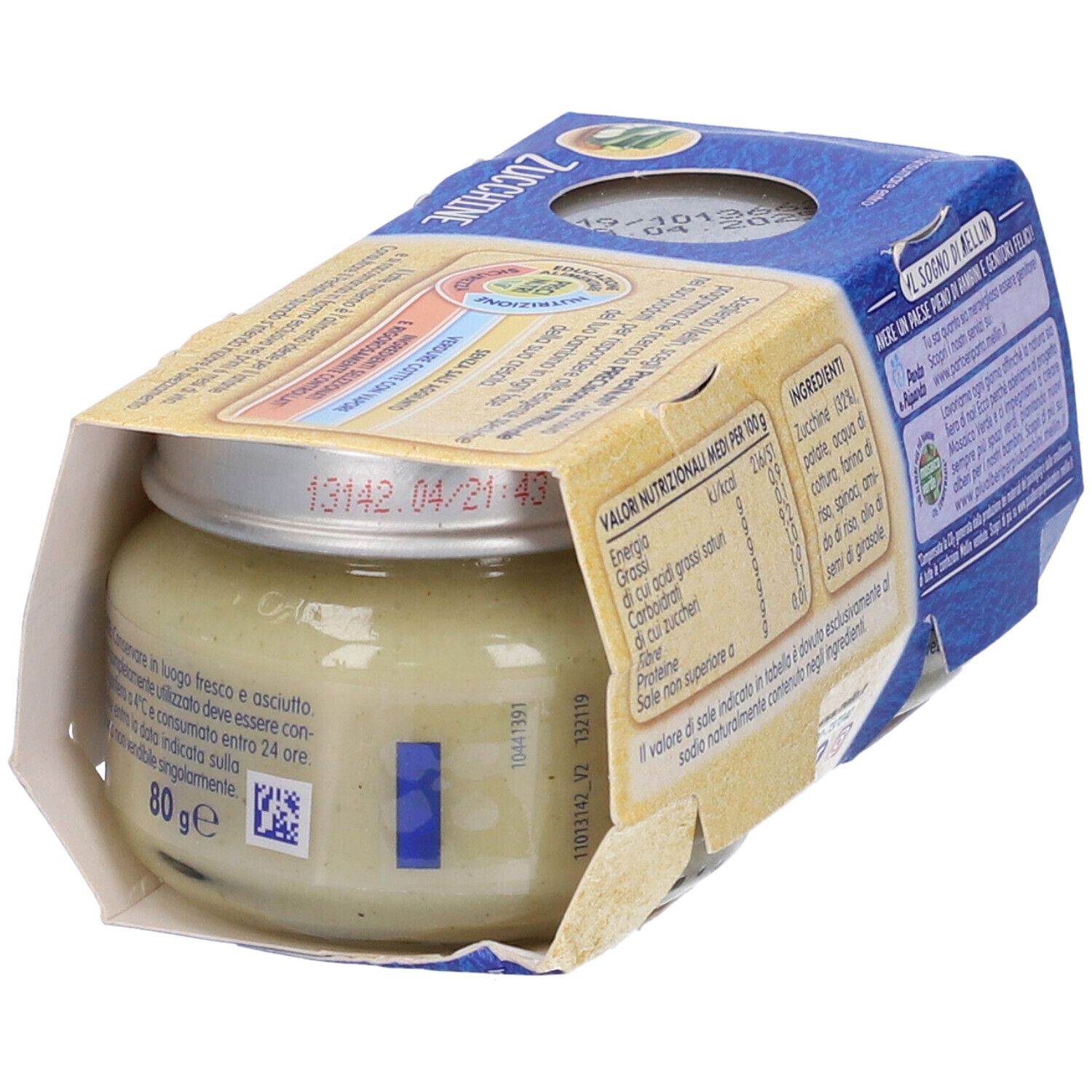 Vasetto di omogeneizzato di zucchine Mellin in confezione aperta. Informazioni nutrizionali e lista ingredienti visibili.