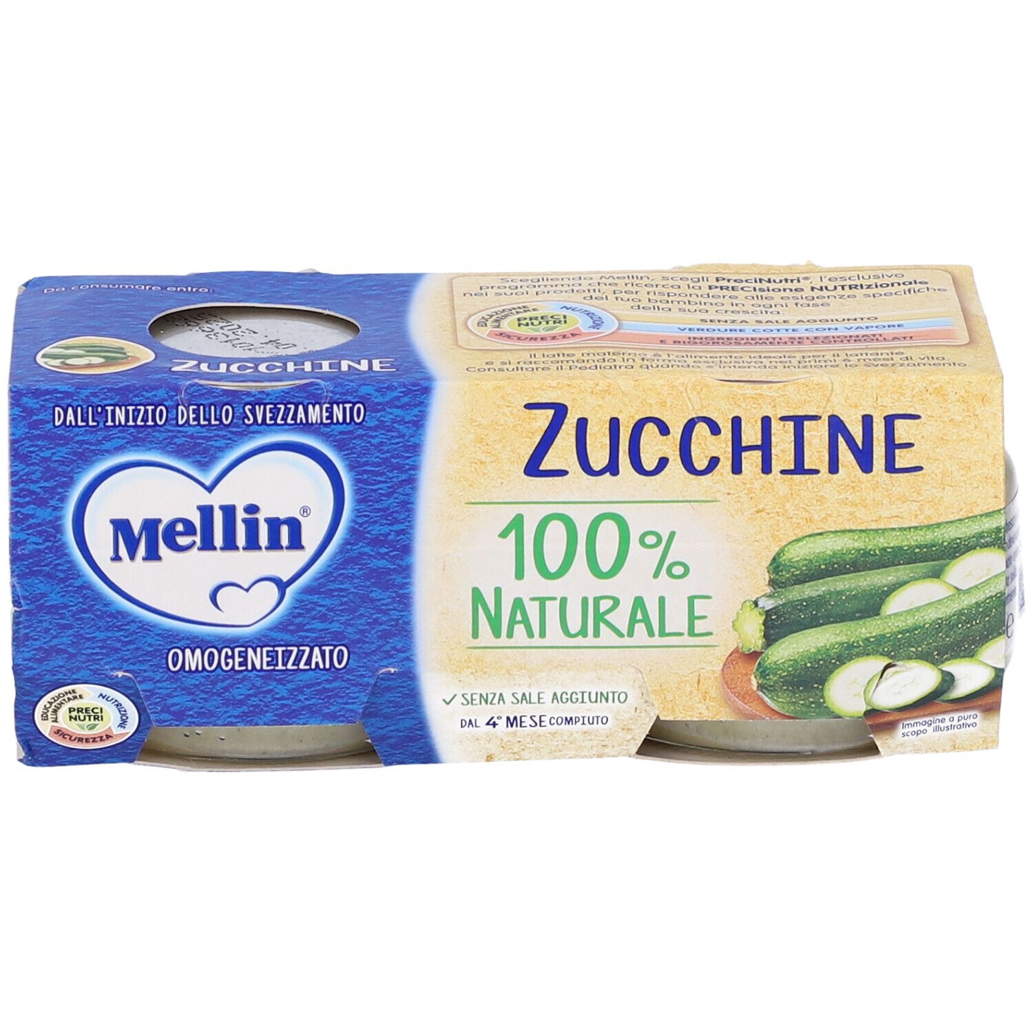 Confezione da due vasetti di omogeneizzato di zucchine Mellin. Scritta '100% NATURALE'. Logo del prodotto e immagine di zucchine.