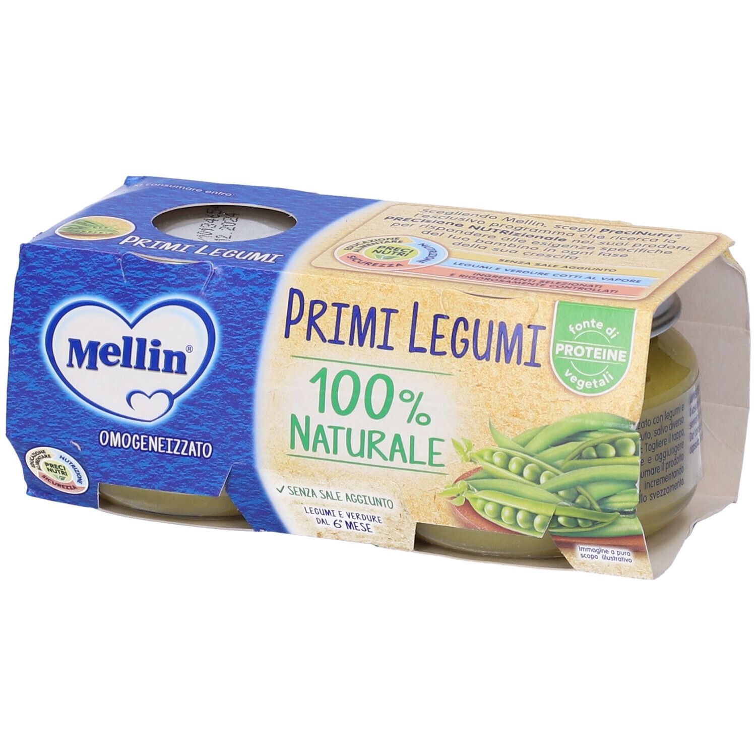 Confezione di omogeneizzato per neonati. Scritta 'Primi Legumi' e '100% NATURALE'. Immagine di fagiolini.