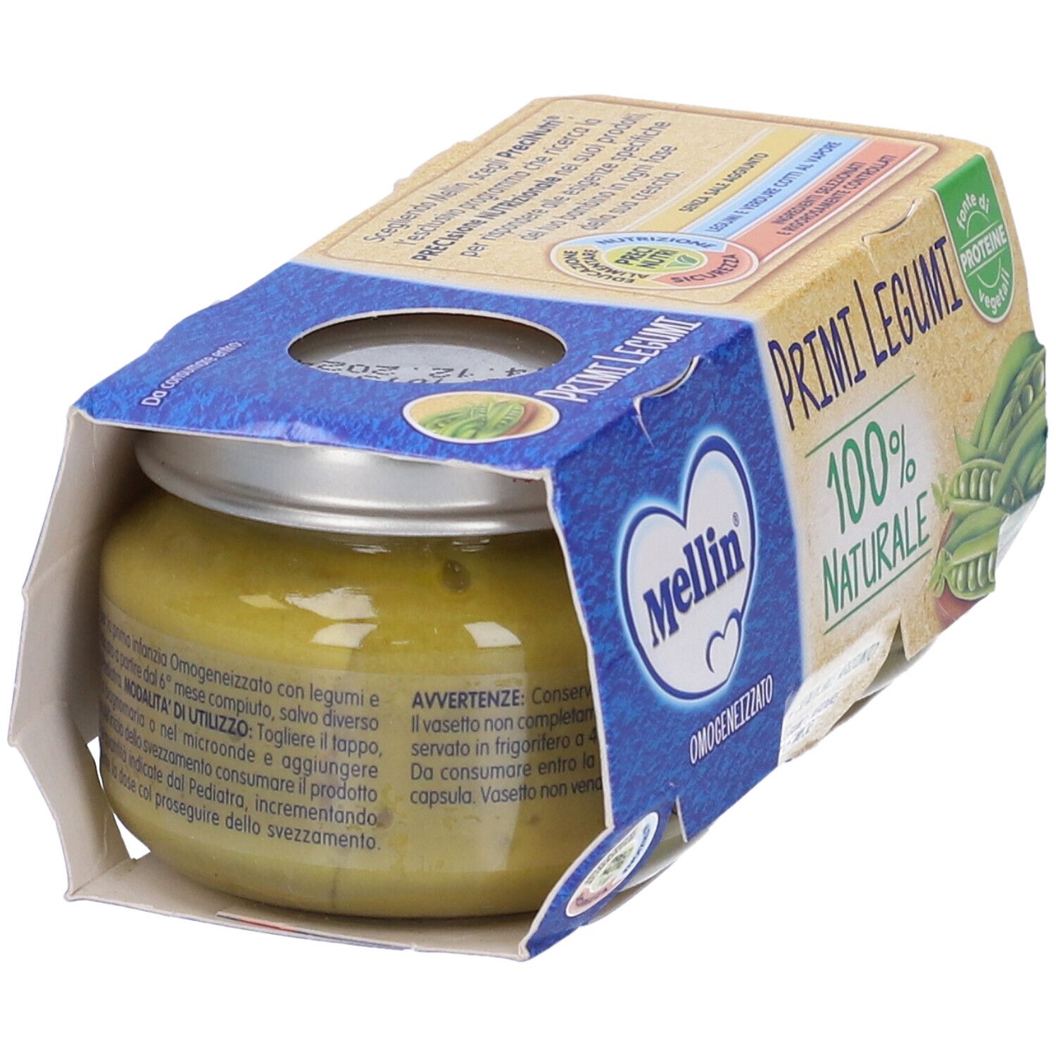 Vasetto di omogeneizzato in confezione. Scritta 'Primi Legumi' e '100% NATURALE'.