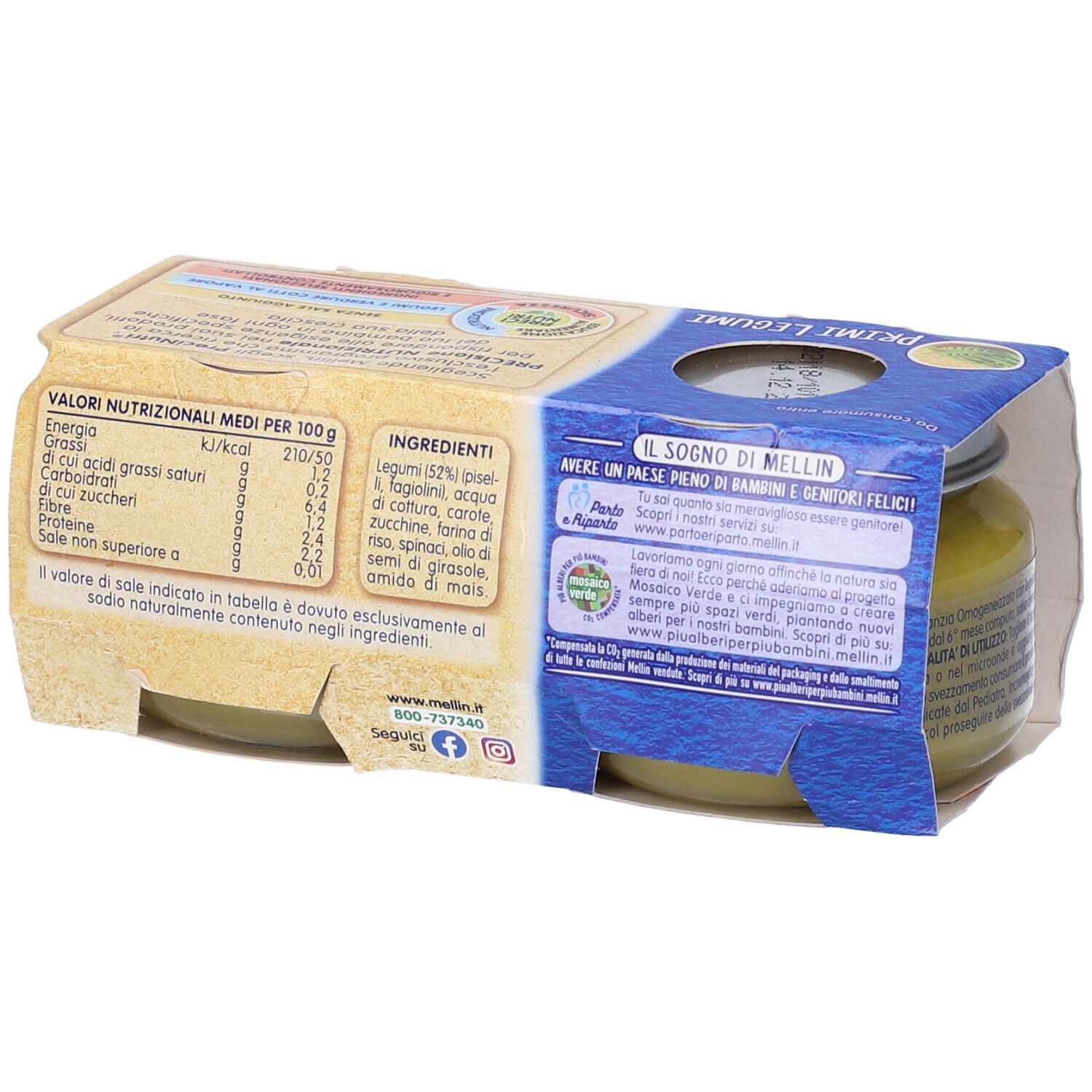 Retro della confezione con informazioni nutrizionali e lista ingredienti. Scritta 'Primi Legumi'.