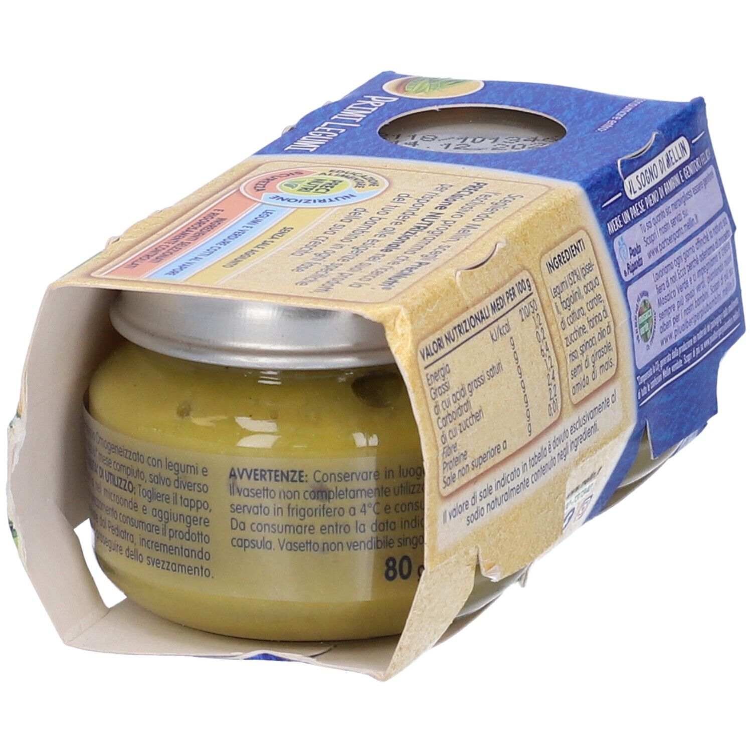 Retro della confezione con informazioni nutrizionali. Scritta 'Primi Legumi'. Vasetto di omogeneizzato visibile.