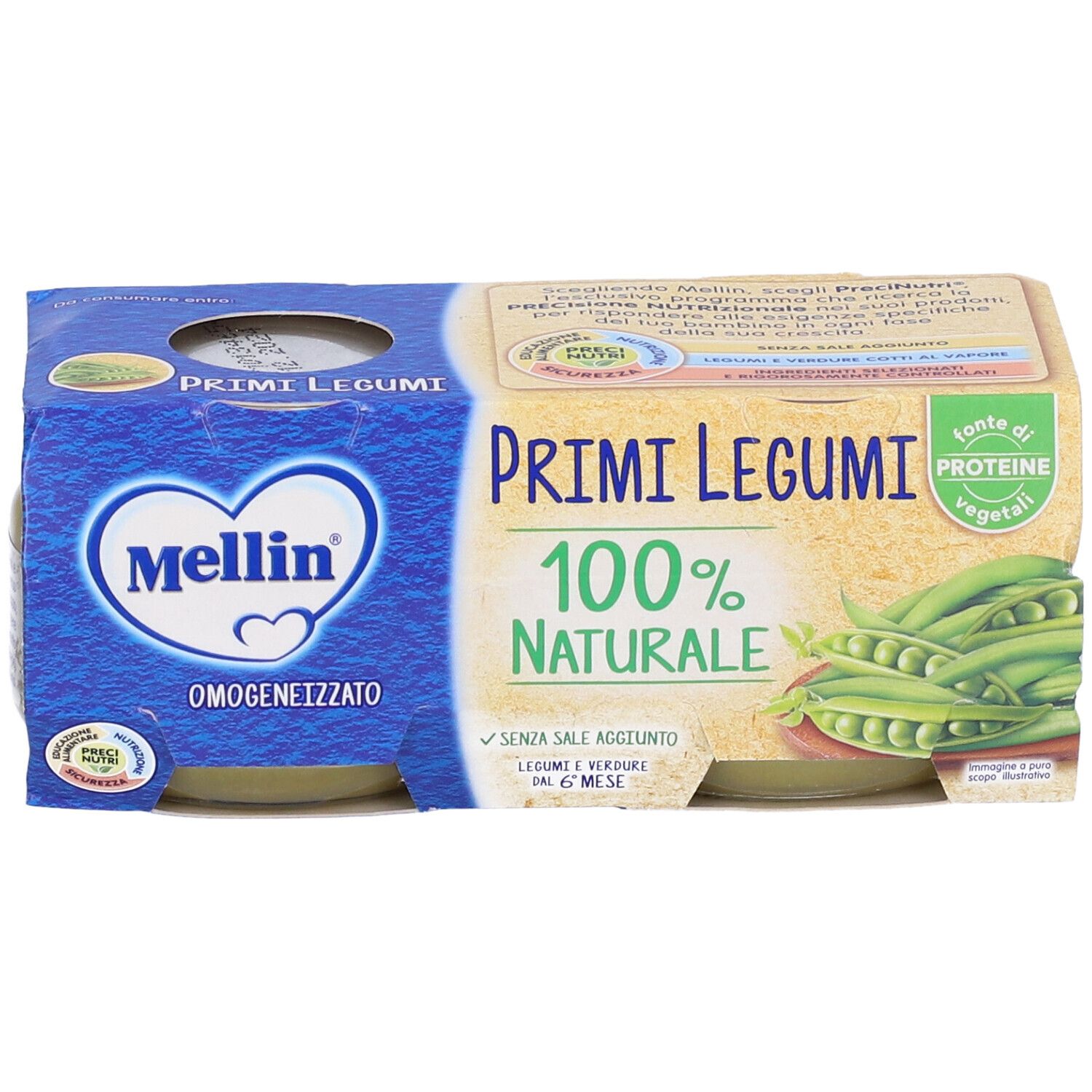 Confezione di omogeneizzato per neonati. Scritta 'Primi Legumi' e '100% NATURALE'. Immagine di fagiolini.