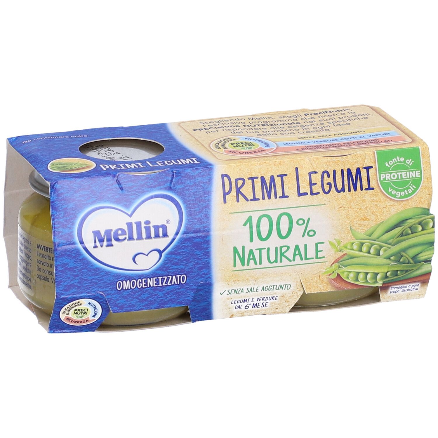 Confezione di omogeneizzato per neonati. Scritta 'Primi Legumi' e '100% NATURALE'.
