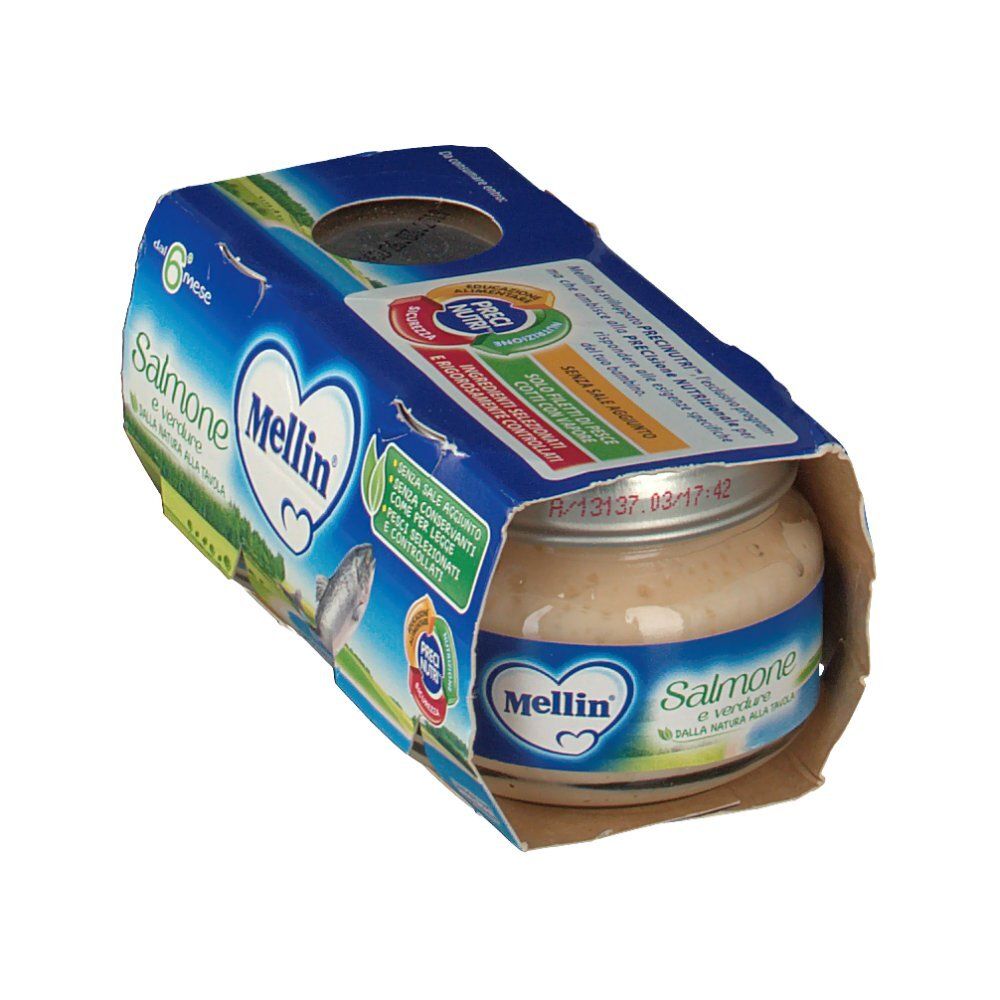 Mellin® Salmone e verdure in Glas, teilweise aus der Verpackung. Aufdrucke: Logo, Produktname, Fisch-Illustration.