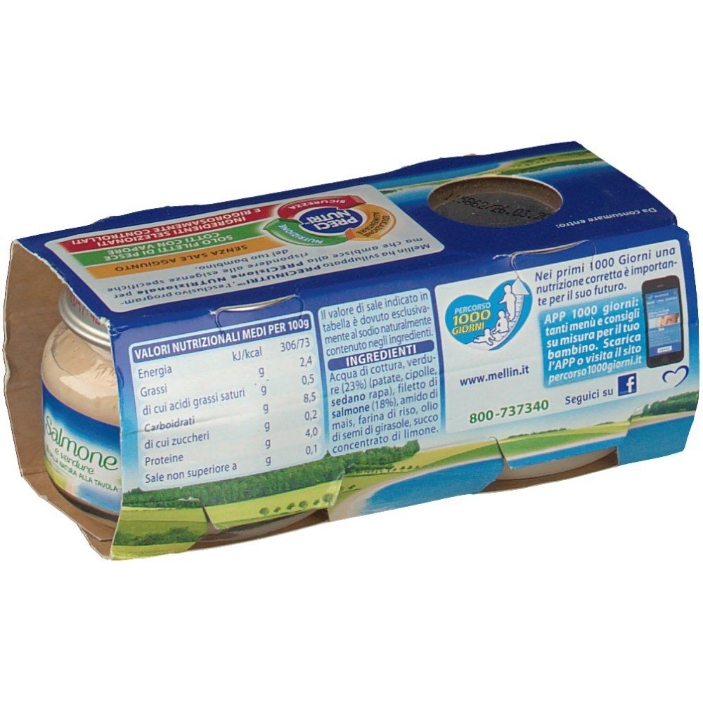 Rückseite der Mellin® Salmone e verdure Verpackung. Enthält Nährwertangaben und Zutatenliste. Logo und Kontaktinformationen.