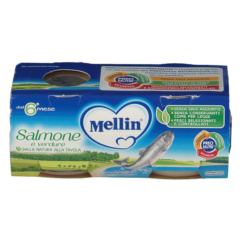 Mellin® Salmone e verdure in Gläsern, verpackt in einem Karton. Aufdrucke: Logo, Produktname, Fisch-Illustration.