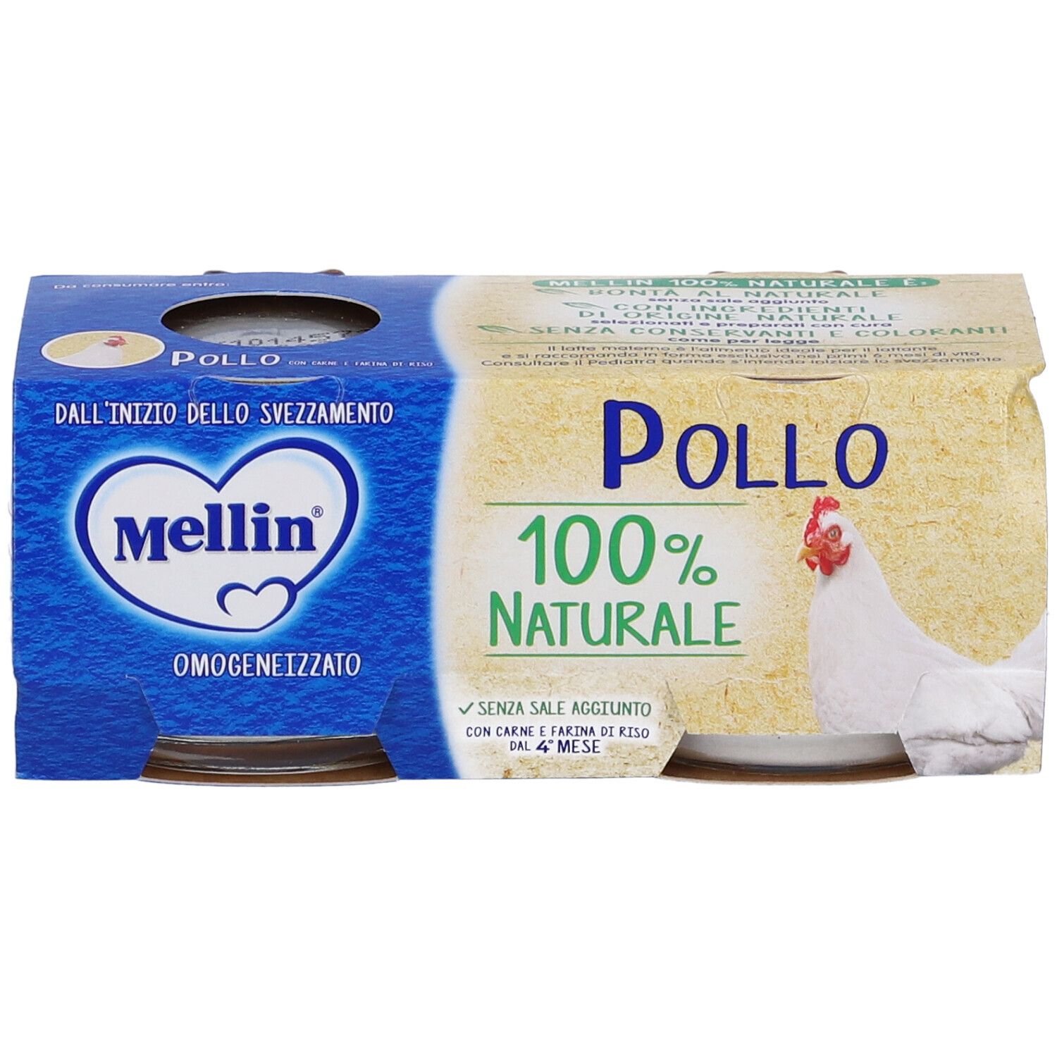 Verpackung mit zwei Gläsern Mellin® Pollo. Aufschrift: Pollo 100% naturale. Marke Mellin® auf blauem Hintergrund.