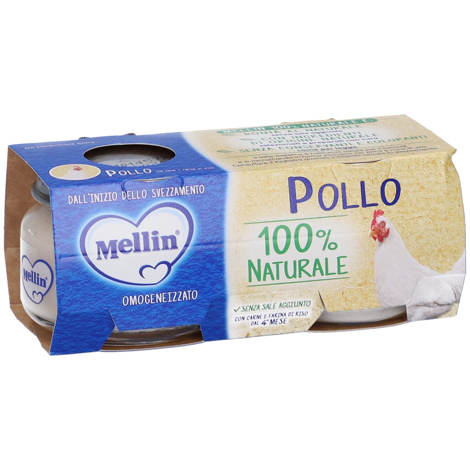 Verpackung mit zwei Gläsern Mellin® Pollo. Aufschrift: Pollo 100% naturale. Marke Mellin® auf dem Glas.