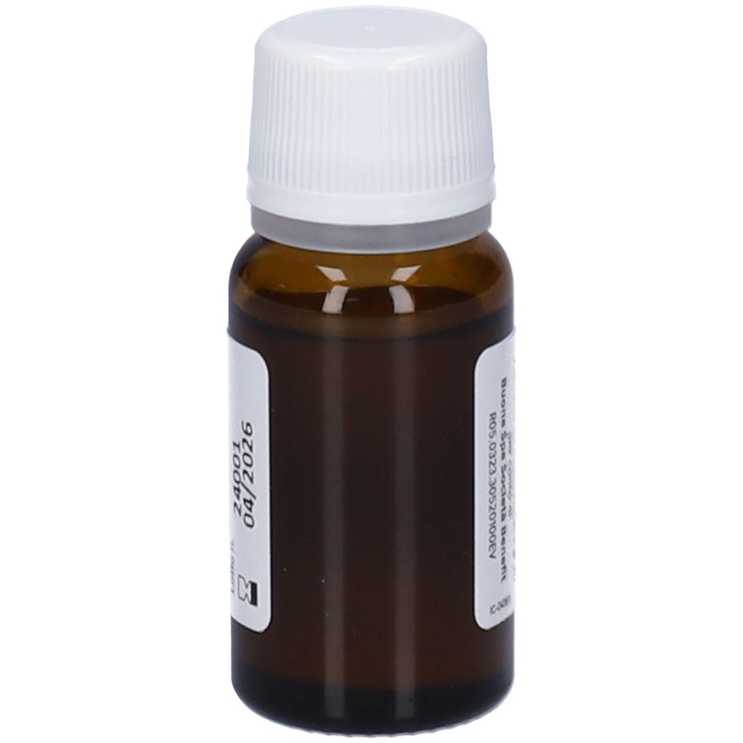 Flacone di vetro marrone con tappo bianco. Adesivo con nome del prodotto e testo. Flacone contagocce.