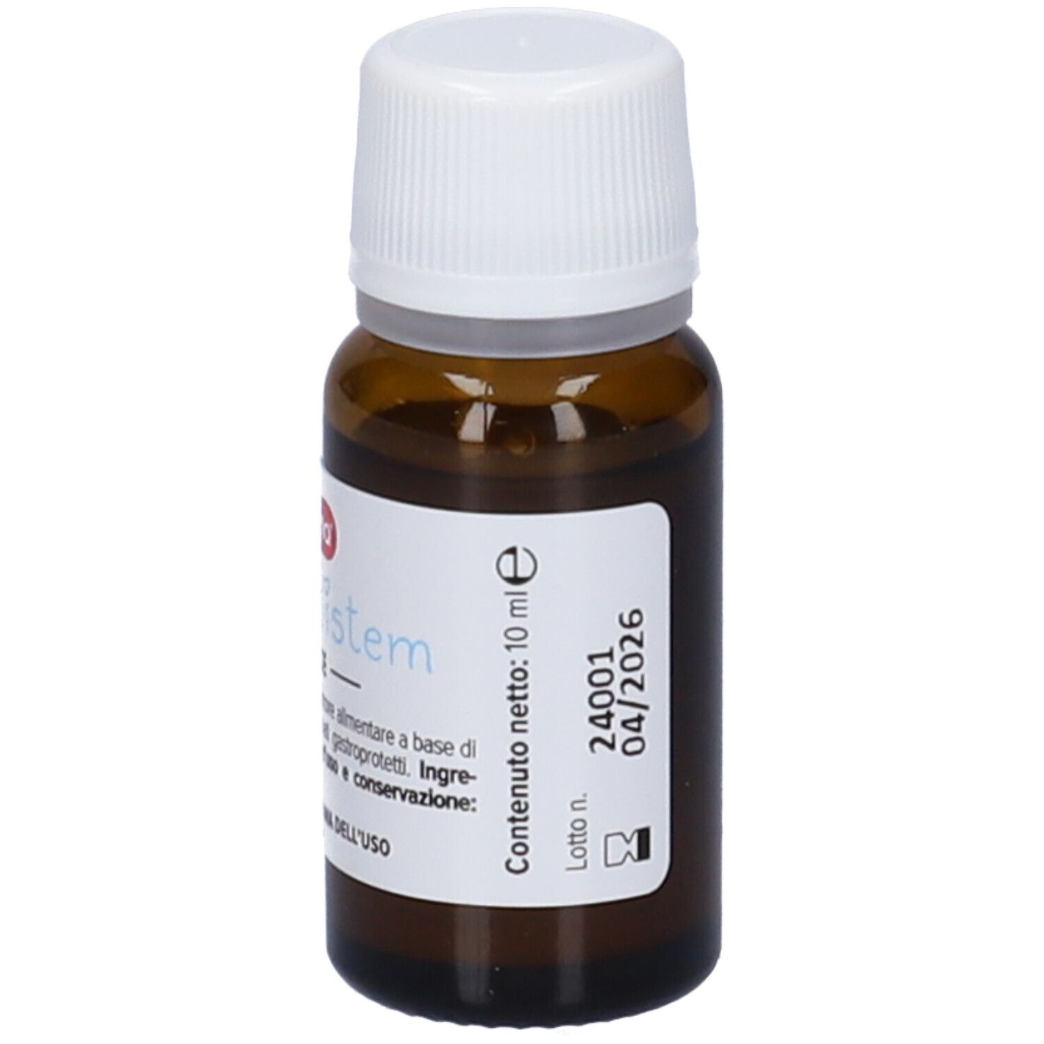 Flacone di vetro marrone con tappo bianco. Adesivo con nome del prodotto e testo. Flacone contagocce.
