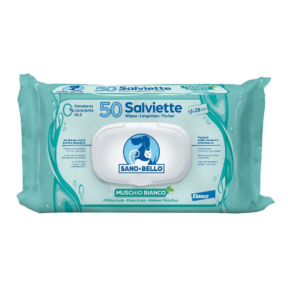 Confezione da 50 salviette. Profumo Muschio Bianco. Marchio Sano-Bello. Confezione turchese con coperchio bianco.