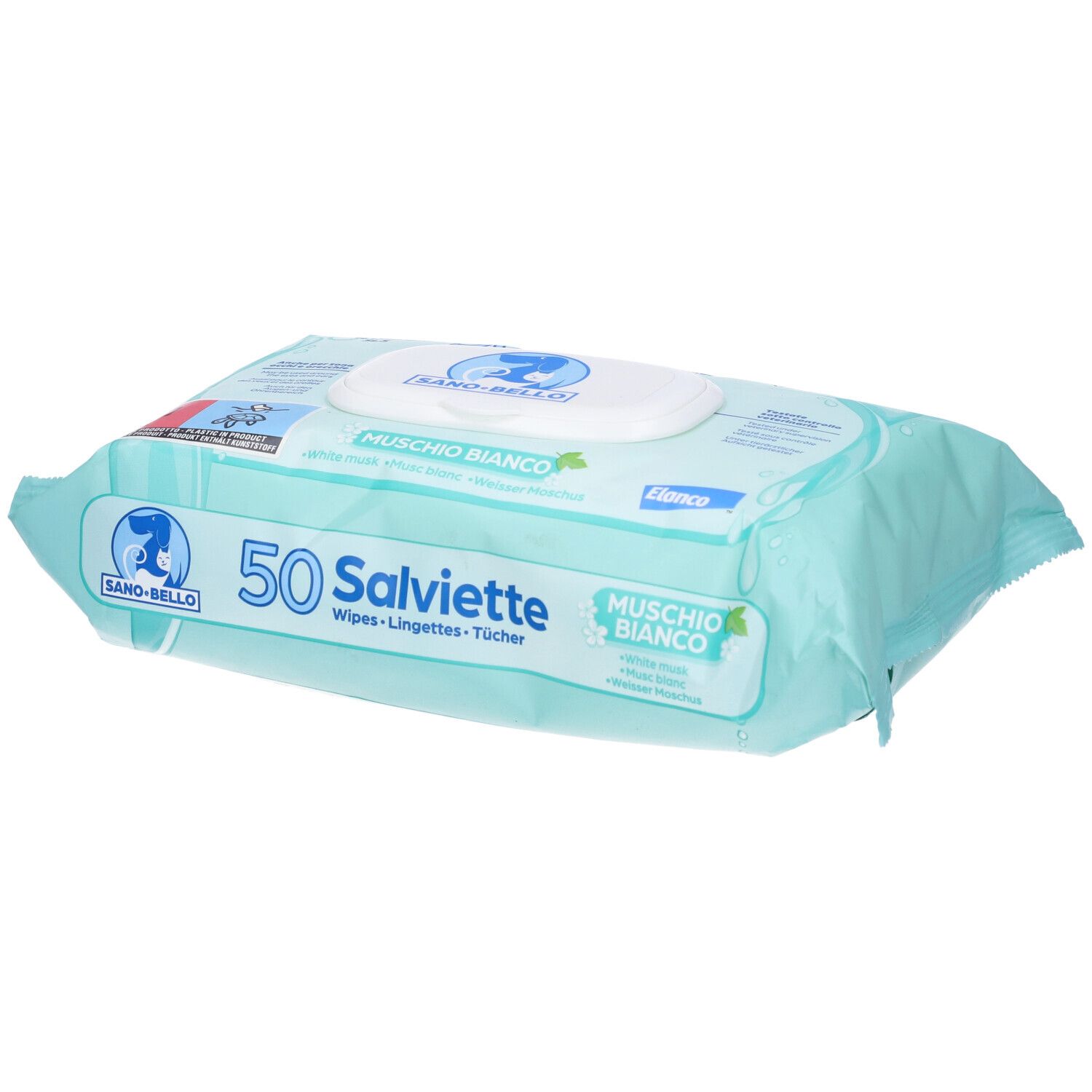 Confezione da 50 salviette. Profumo Muschio Bianco. Marchio Sano-Bello. Confezione turchese con coperchio bianco.