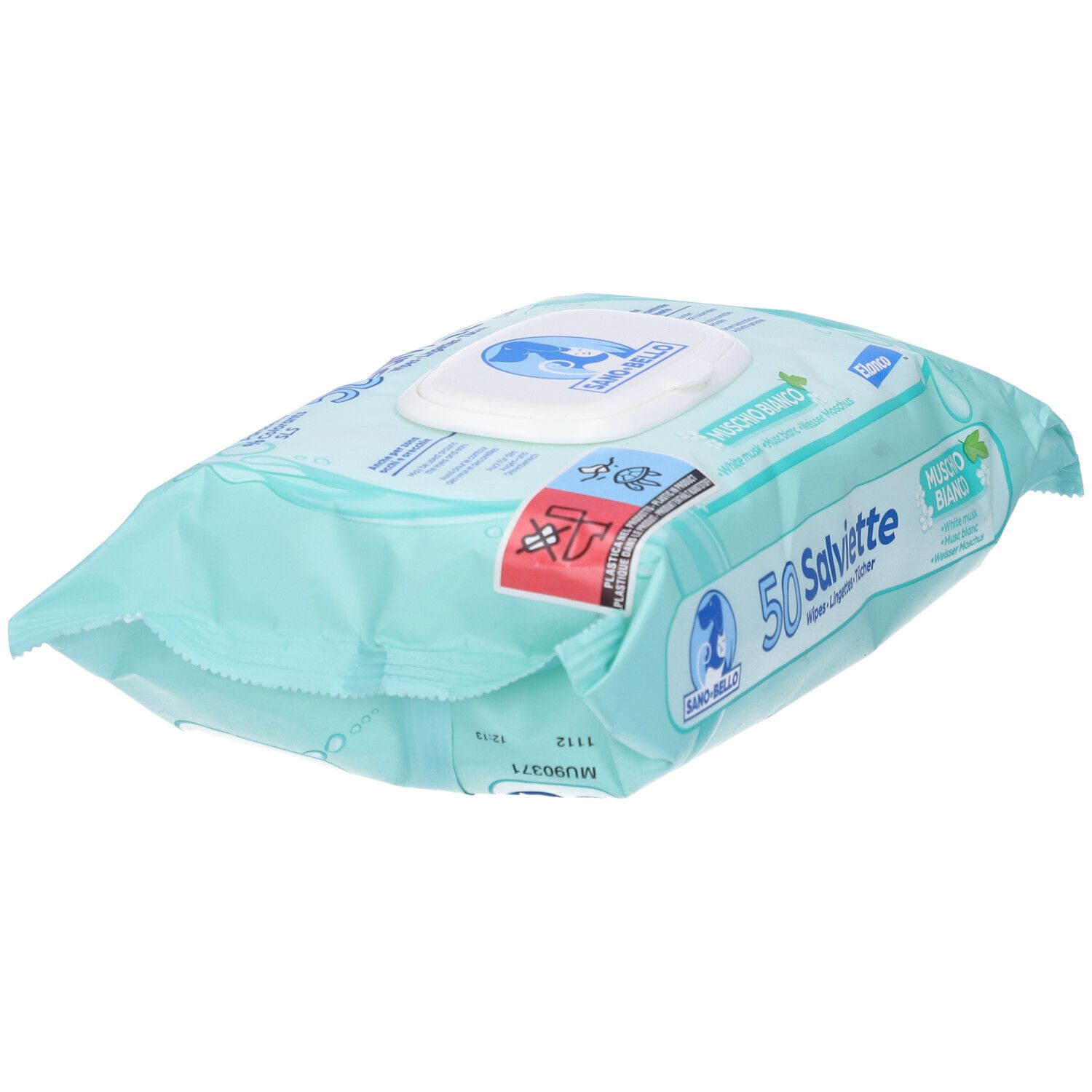Confezione da 50 salviette. Profumo Muschio Bianco. Marchio Sano-Bello. Confezione turchese con coperchio bianco.