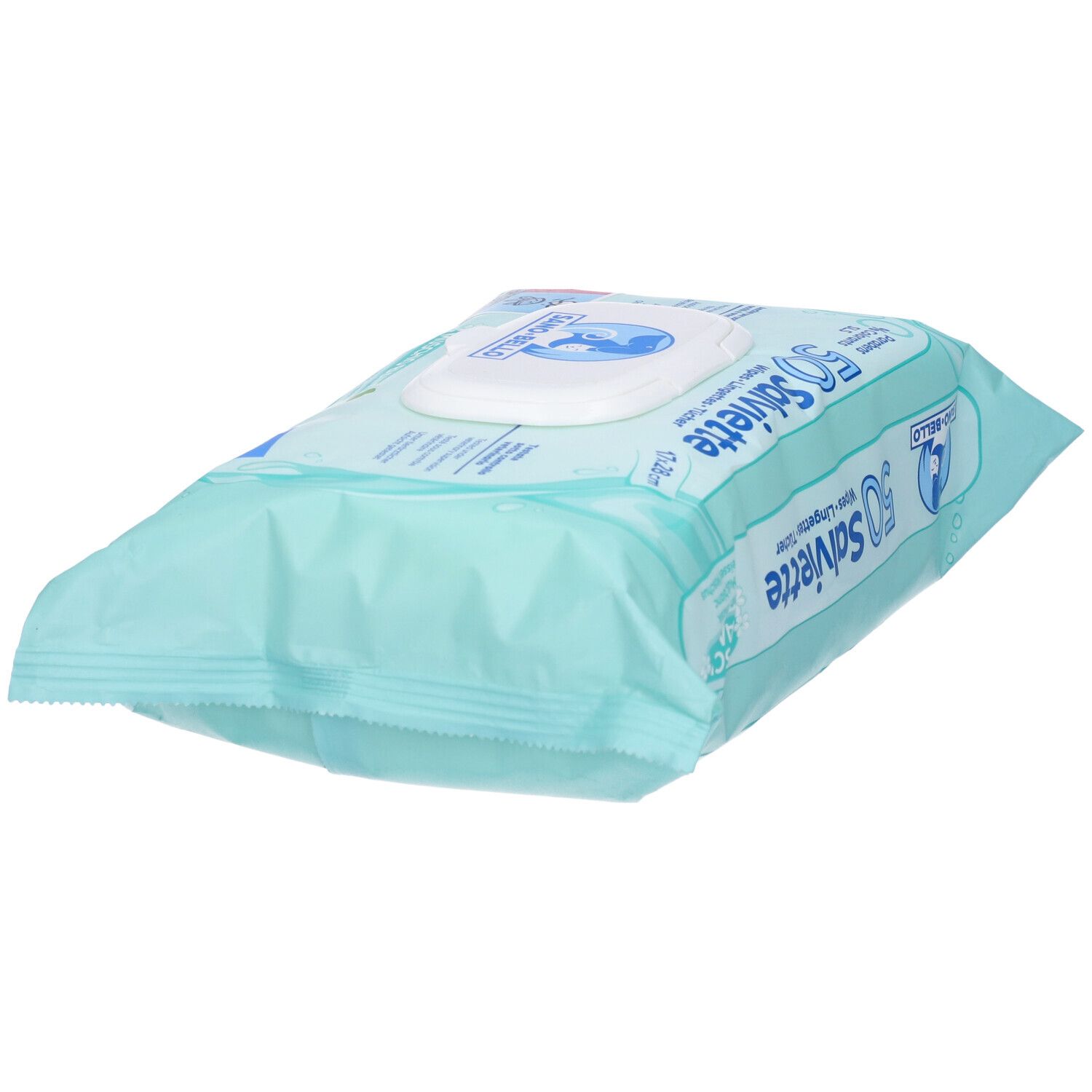 Confezione da 50 salviette. Profumo Muschio Bianco. Marchio Sano-Bello. Confezione turchese con coperchio bianco.