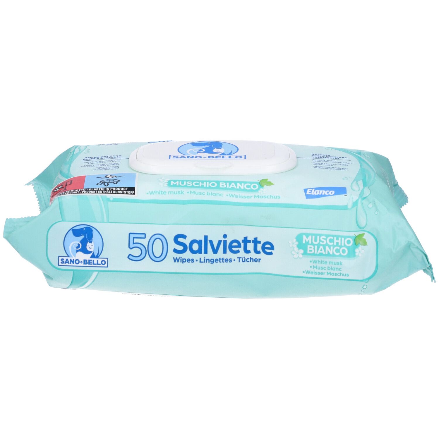 Confezione da 50 salviette. Profumo Muschio Bianco. Marchio Sano-Bello. Confezione turchese con coperchio bianco.