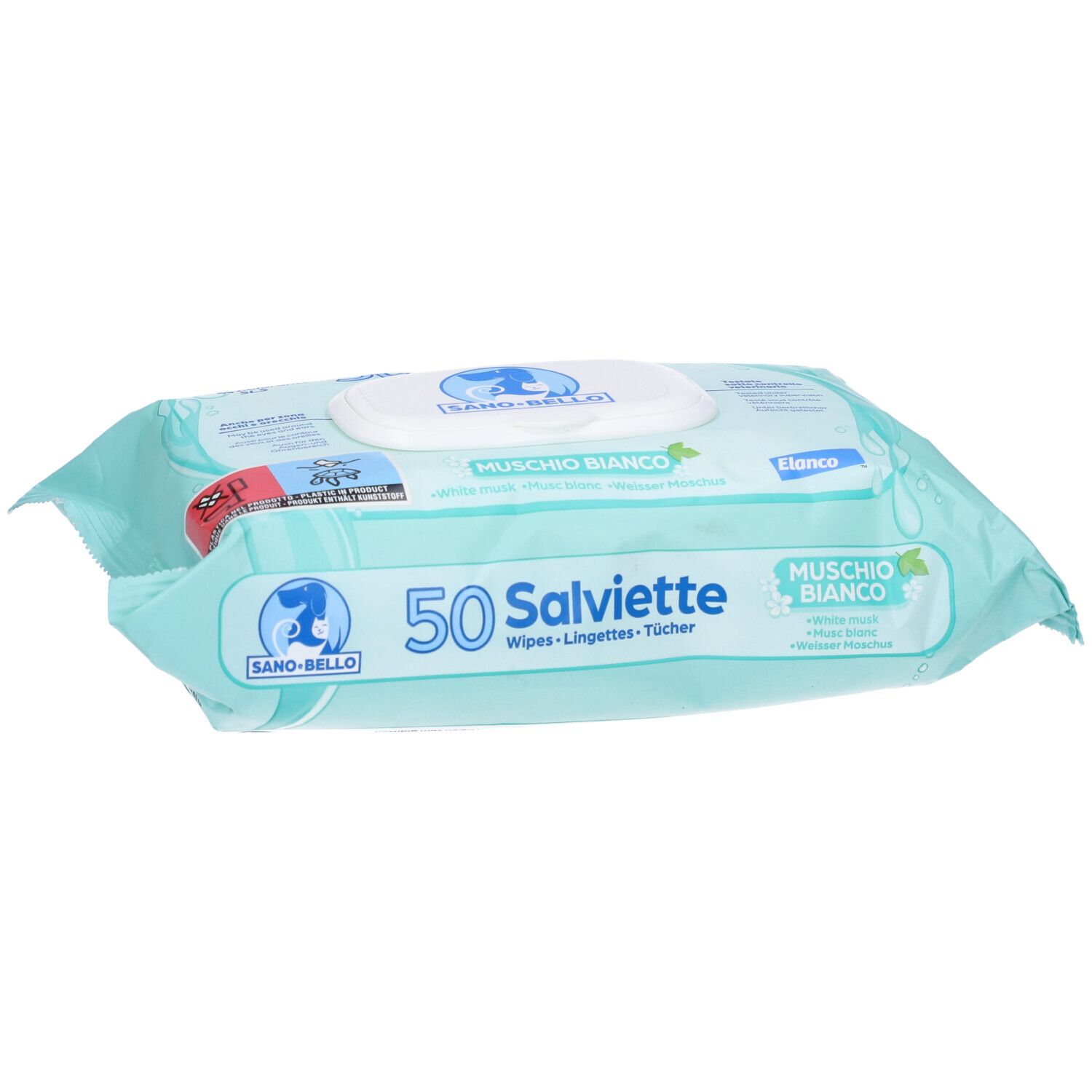 Confezione da 50 salviette. Profumo Muschio Bianco. Marchio Sano-Bello. Confezione turchese con coperchio bianco.