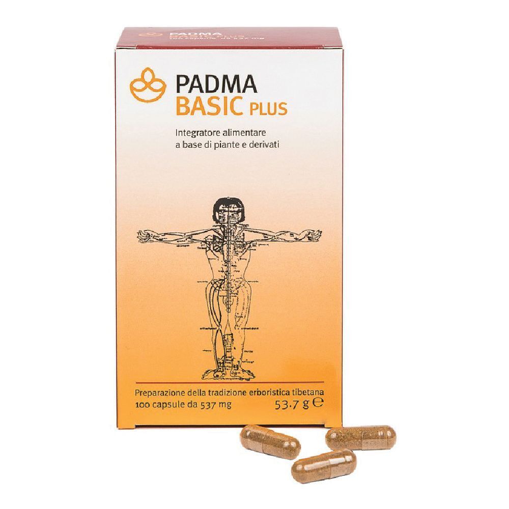 Confezione di Padma Basic Plus. Scritta: Integratore alimentare a base di piante e derivati. Alcune capsule sono accanto.