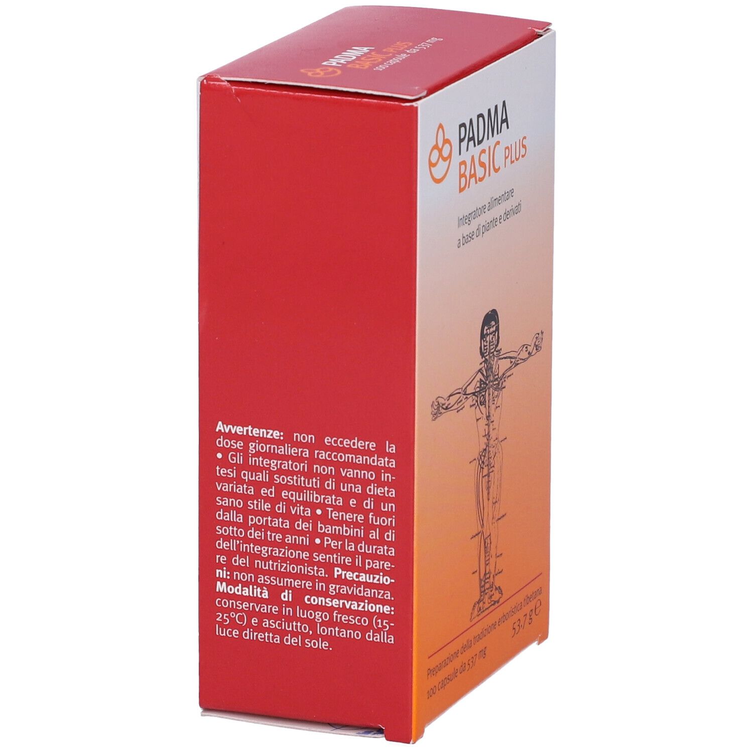 Confezione Padma Basic Plus. Scatola rossa e bianca con nome del prodotto e illustrazione di un corpo umano.