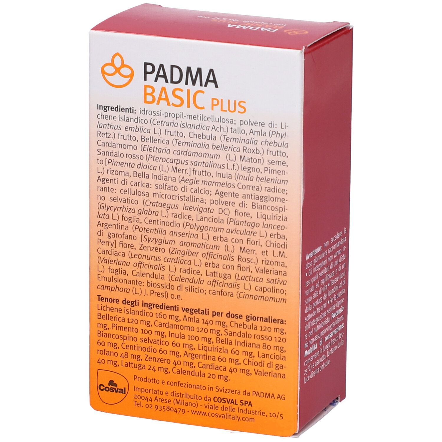 Confezione Padma Basic Plus. Scatola rossa e bianca con nome del prodotto e elenco degli ingredienti.