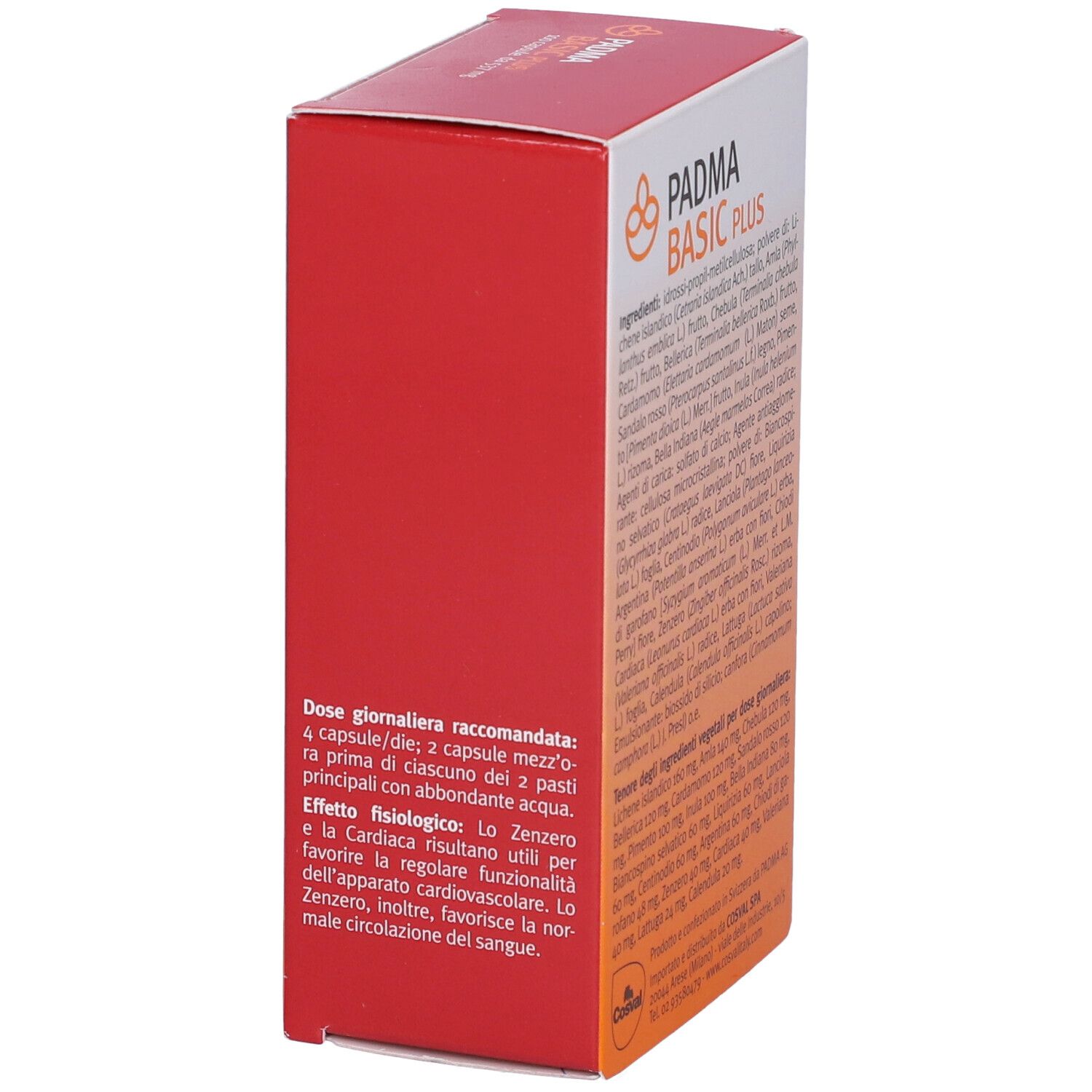 Confezione Padma Basic Plus. Scatola rossa e bianca con nome del prodotto e istruzioni per il dosaggio.