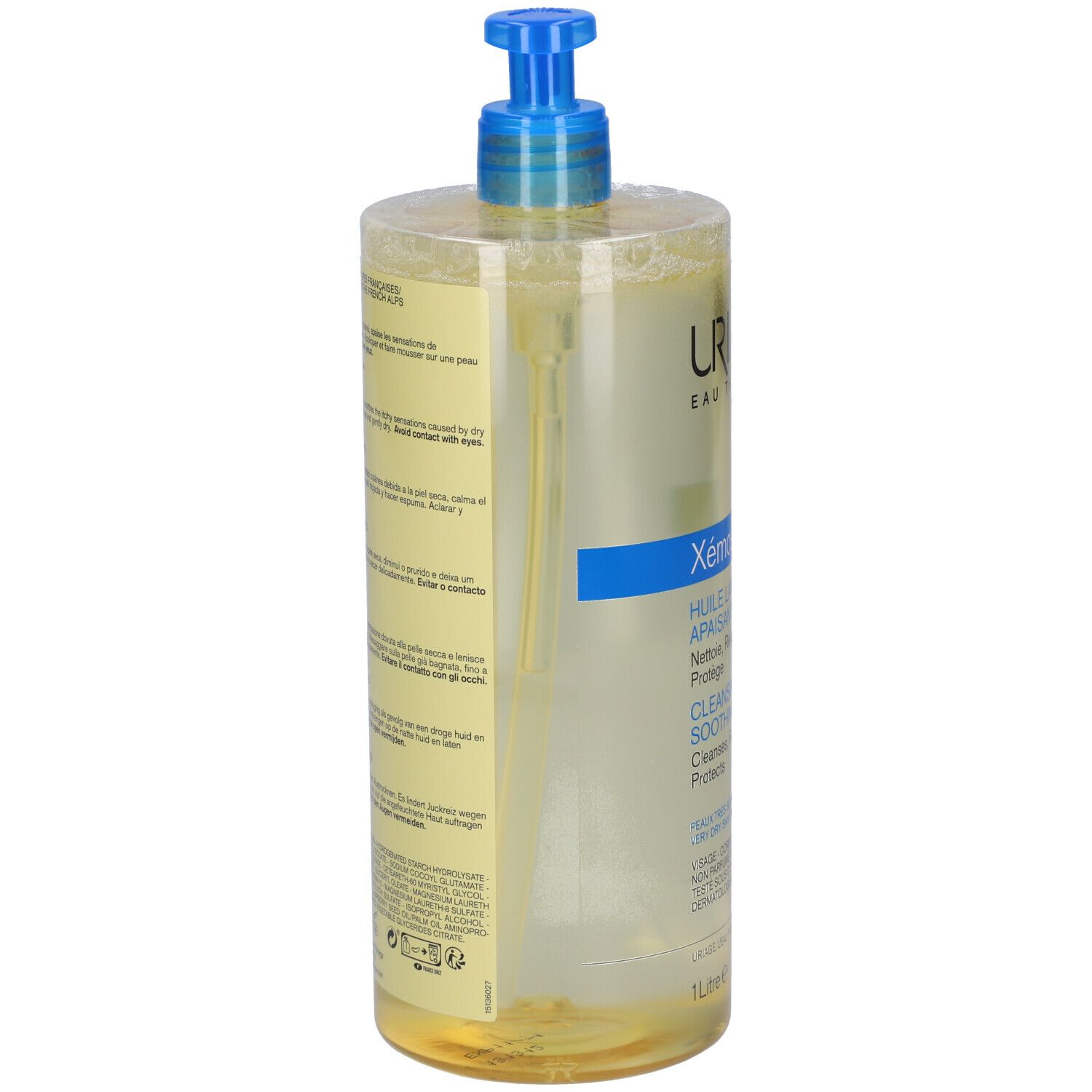 Flacone trasparente Uriage Xémose con dosatore blu. Etichetta con informazioni e nome del prodotto. Capacità 1 litro.