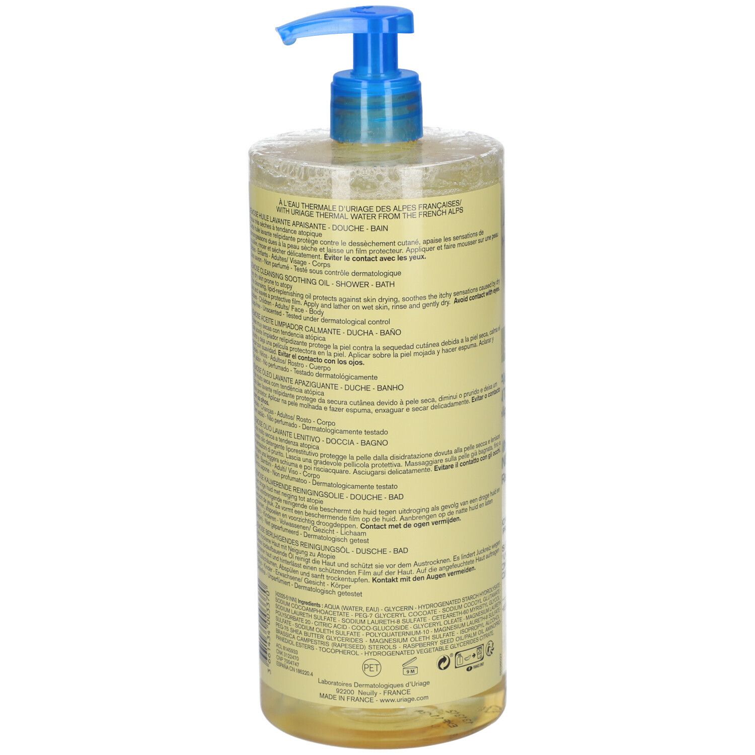 Retro del flacone Uriage Xémose. Testo multilingue. Dermatologicamente testato.
