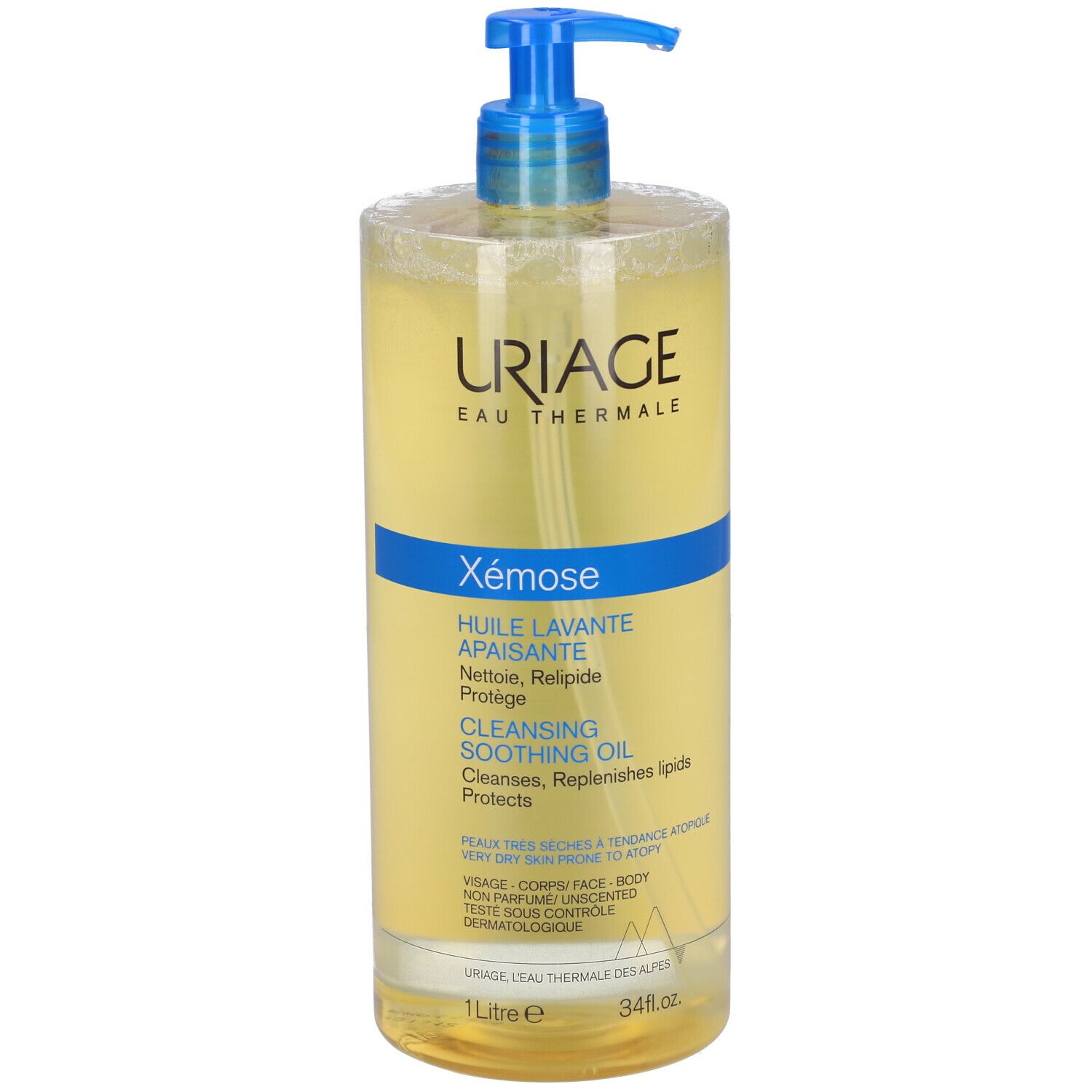 Flacone trasparente Uriage Xémose con dosatore blu. Etichetta con informazioni e nome del prodotto. Capacità 1 litro.