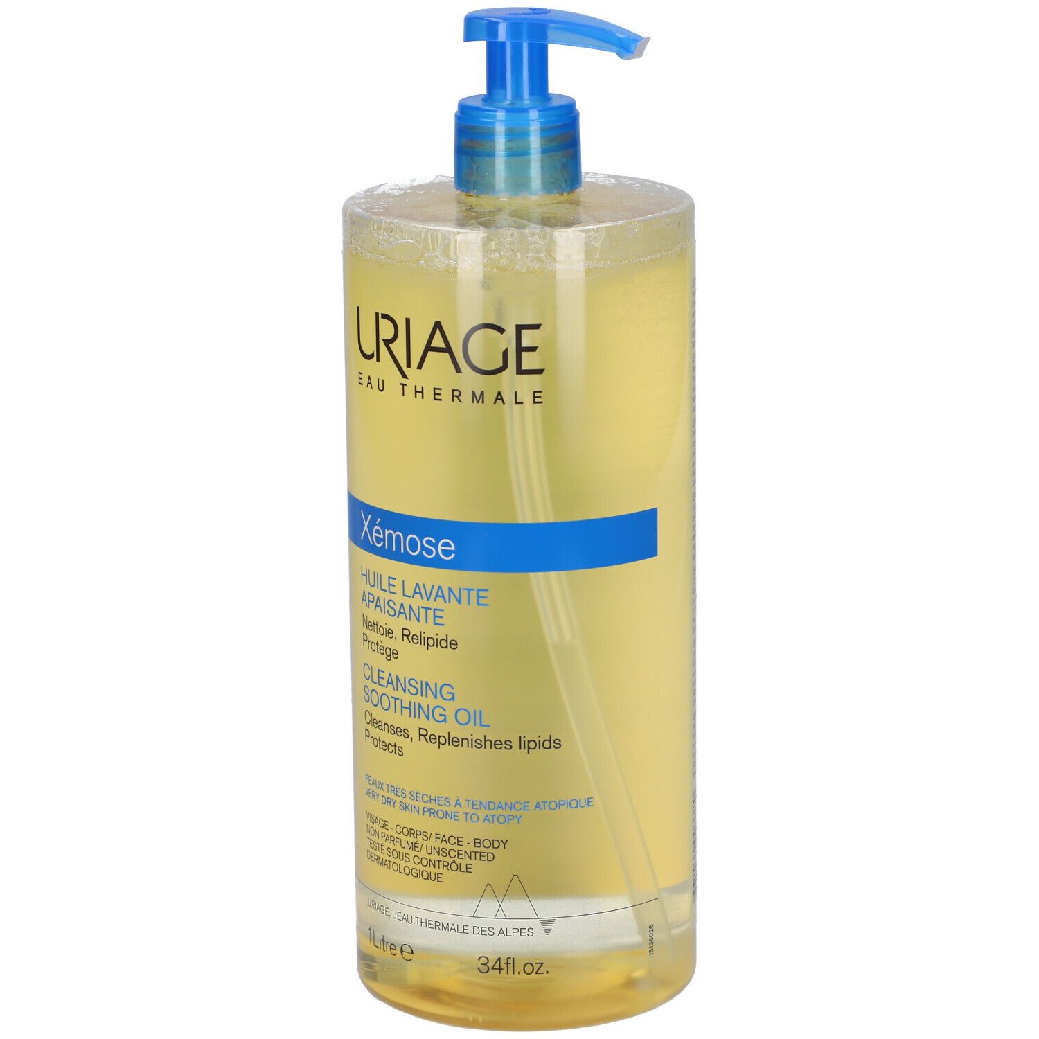 Flacone trasparente Uriage Xémose con dosatore blu. Etichetta con informazioni e nome del prodotto. Capacità 1 litro.