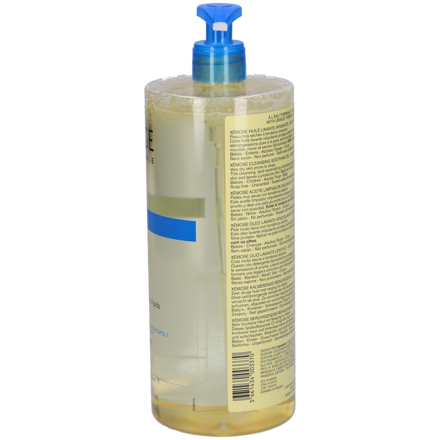 Retro del flacone Uriage Xémose. Testo multilingue. Dermatologicamente testato.