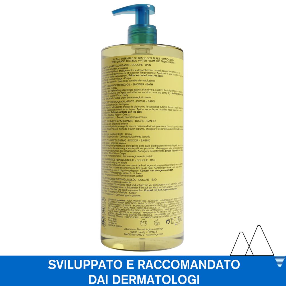 Retro del flacone Uriage Xémose. Testo multilingue. Sviluppato e raccomandato dai dermatologi.