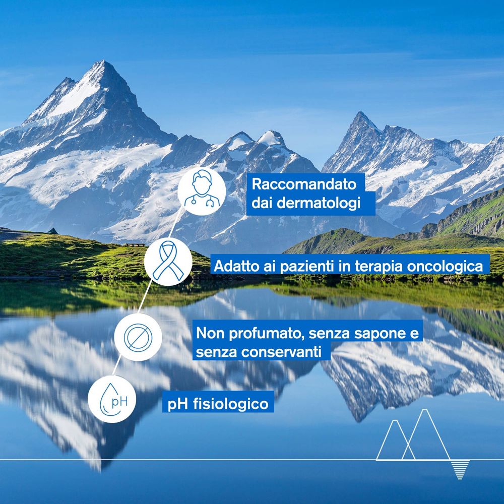 Paesaggio con montagne e lago. Loghi: Raccomandato dai dermatologi, adatto a pazienti in terapia oncologica, senza profumo, pH fisiologico.