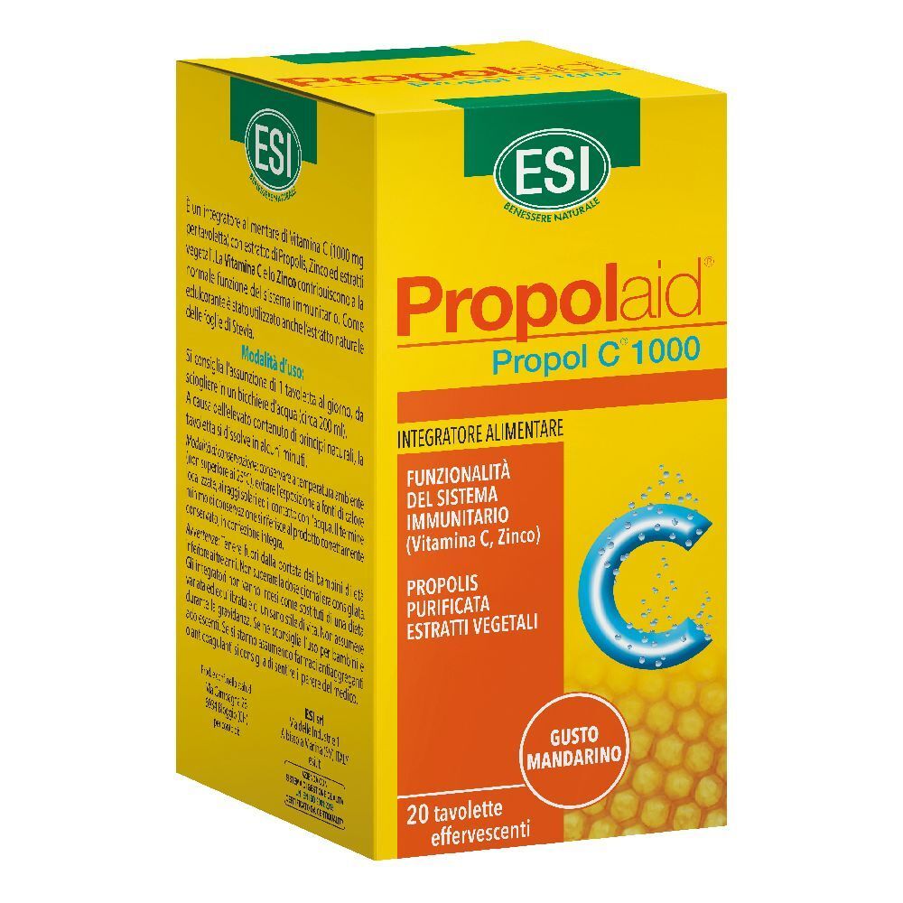 Scatola gialla "Propolaid Propol C 1000". Contiene 20 compresse effervescenti. Area arancione con testo e illustrazioni.