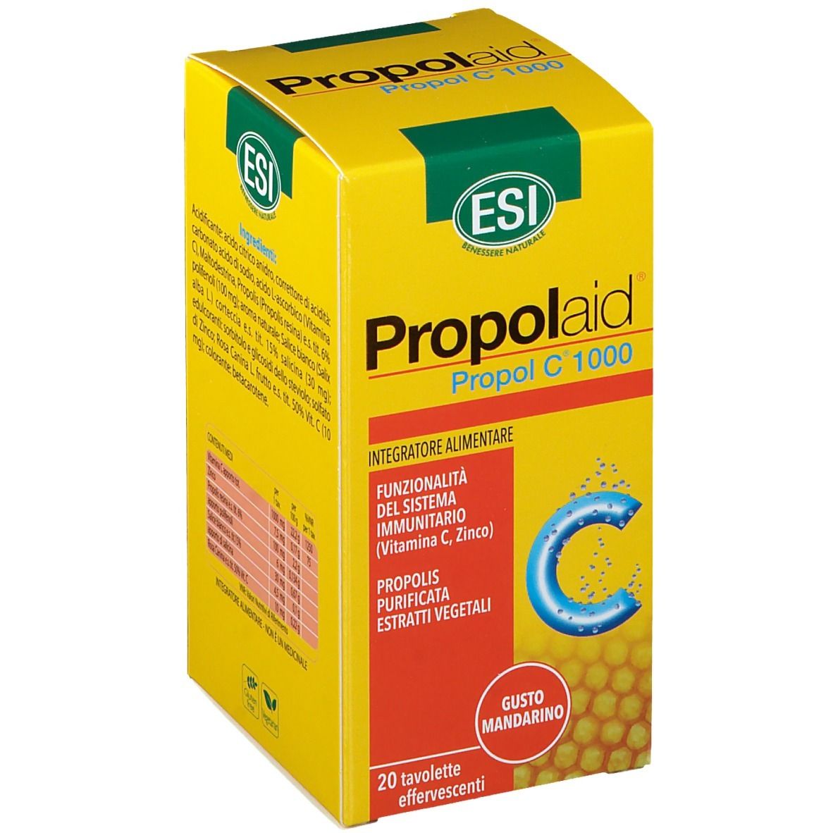 Scatola gialla "Propolaid Propol C 1000". Contiene 20 compresse effervescenti. Area arancione con testo e illustrazioni.
