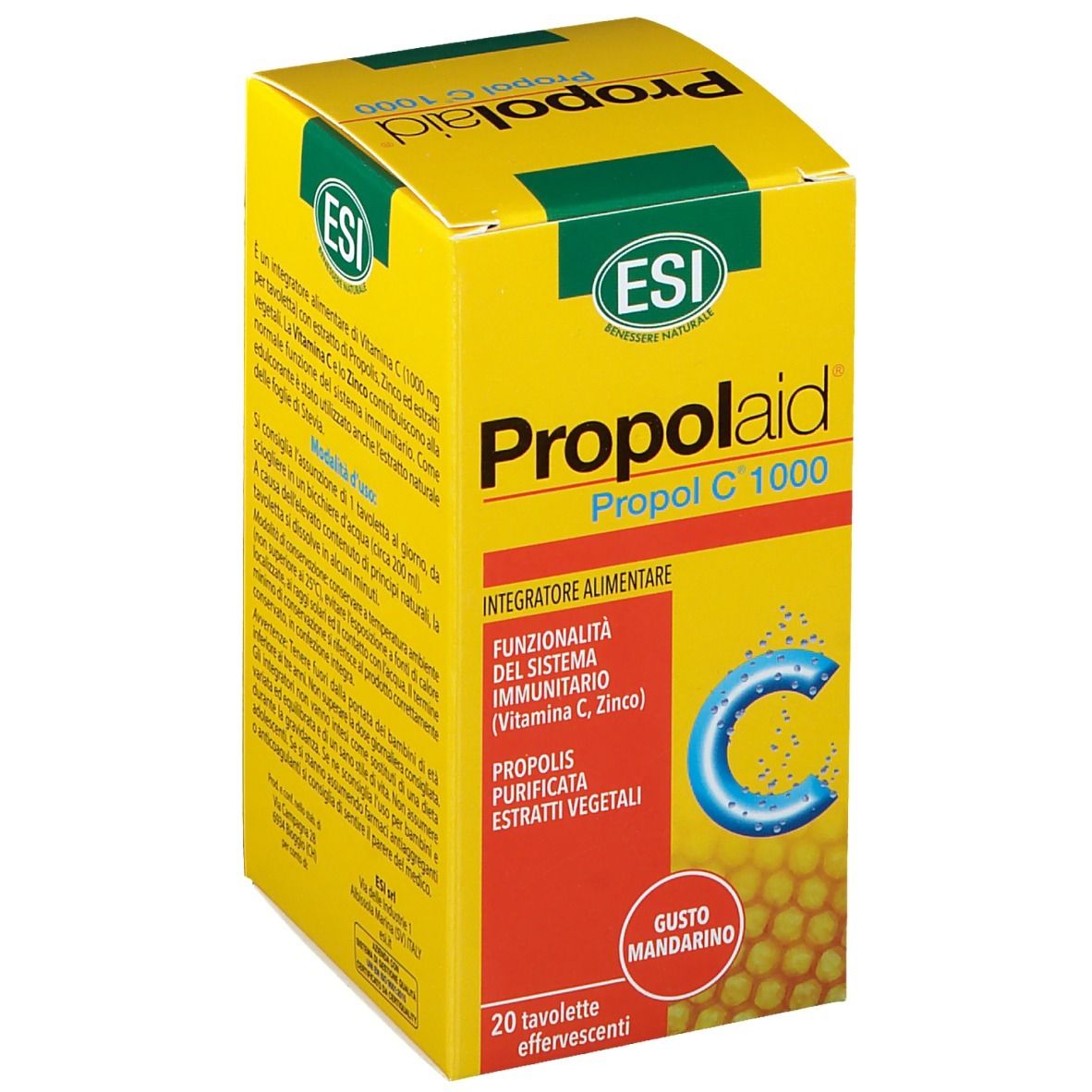 Scatola gialla "Propolaid Propol C 1000". Contiene 20 compresse effervescenti. Testo e illustrazioni sulla confezione.