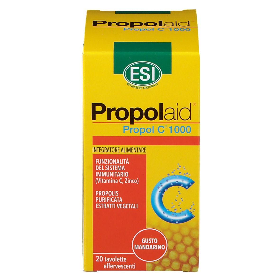 Scatola gialla "Propolaid Propol C 1000". Contiene 20 compresse effervescenti. Area arancione con testo e illustrazioni.