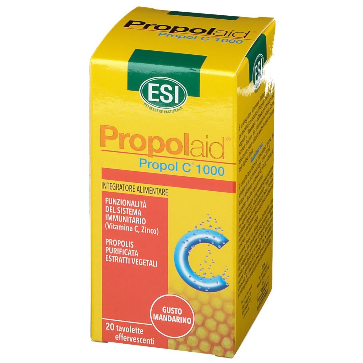 Scatola gialla "Propolaid Propol C 1000". Contiene 20 compresse effervescenti. Area arancione con testo e illustrazioni.