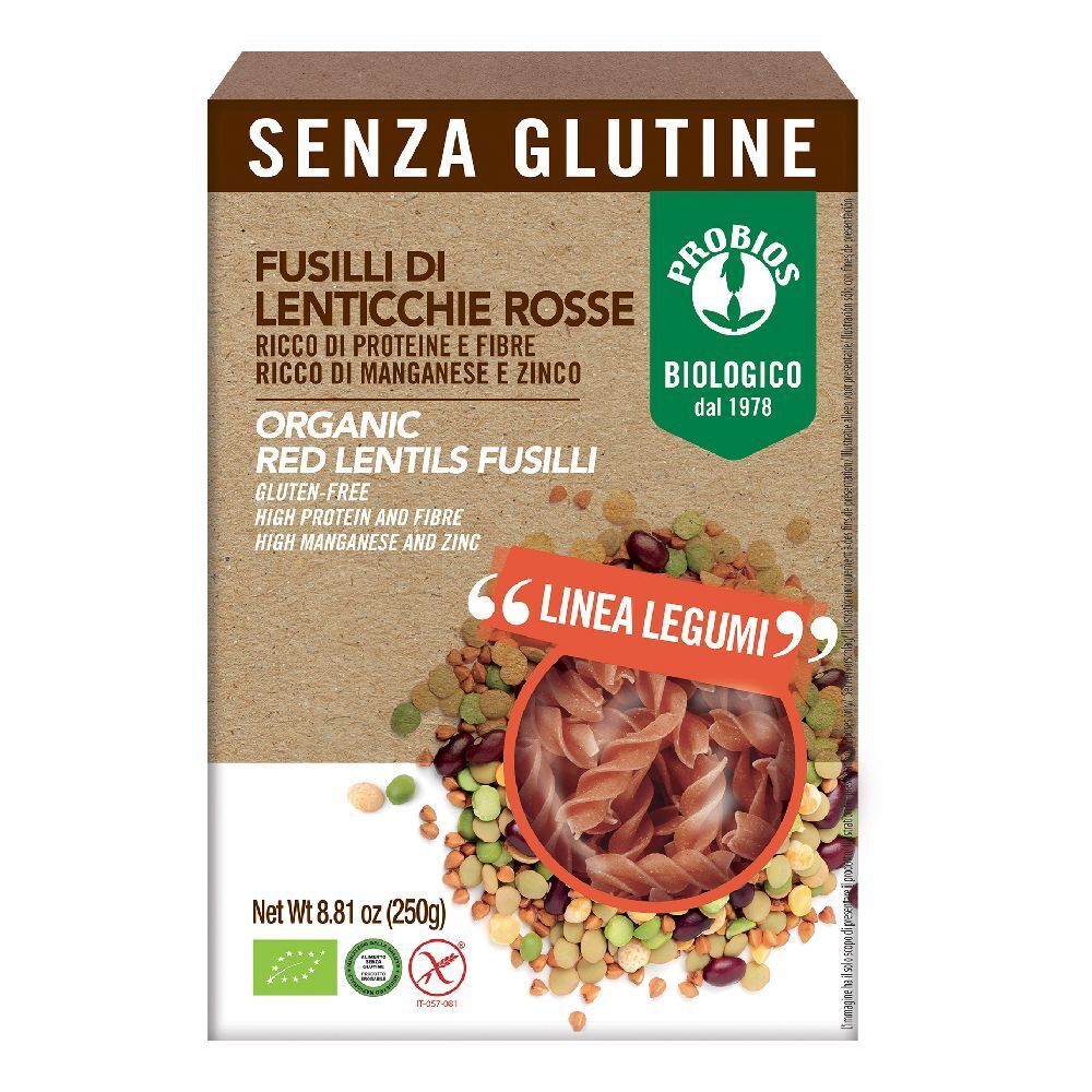 Confezione di fusilli di lenticchie rosse. Scritta: SENZA GLUTINE, ORGANIC, senza glutine. Con marchio biologico e testo: LINEA LEGUMI.
