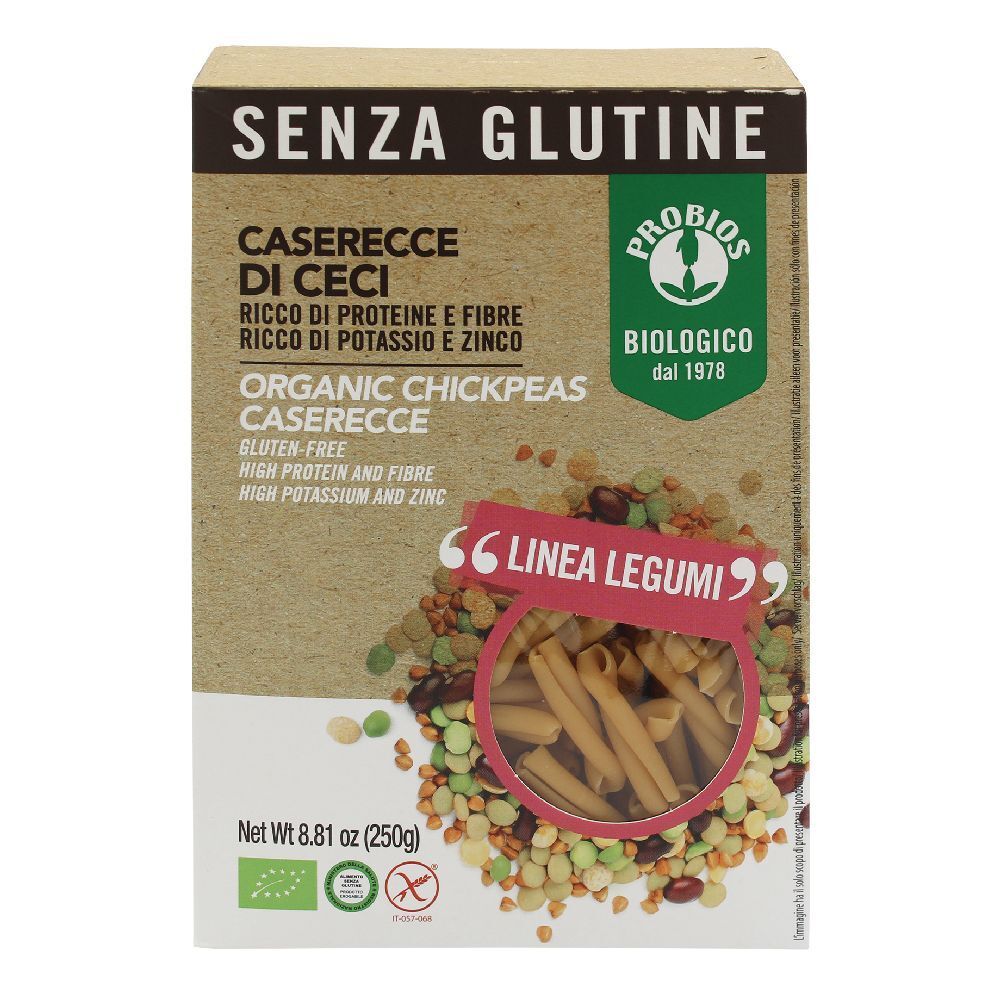 Confezione di Caserecce di Ceci. Testo: Senza Glutine, Organic Chickpeas Caserecce, senza glutine. Con marchio biologico e informazioni.