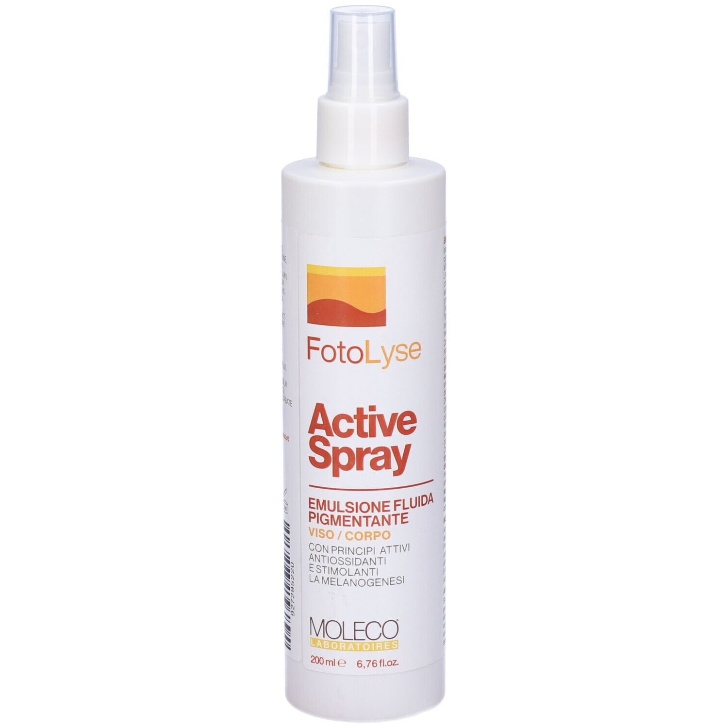 Flacone spray bianco con etichetta arancione. Scritta: FotoLyse Active Spray. Moleco.
