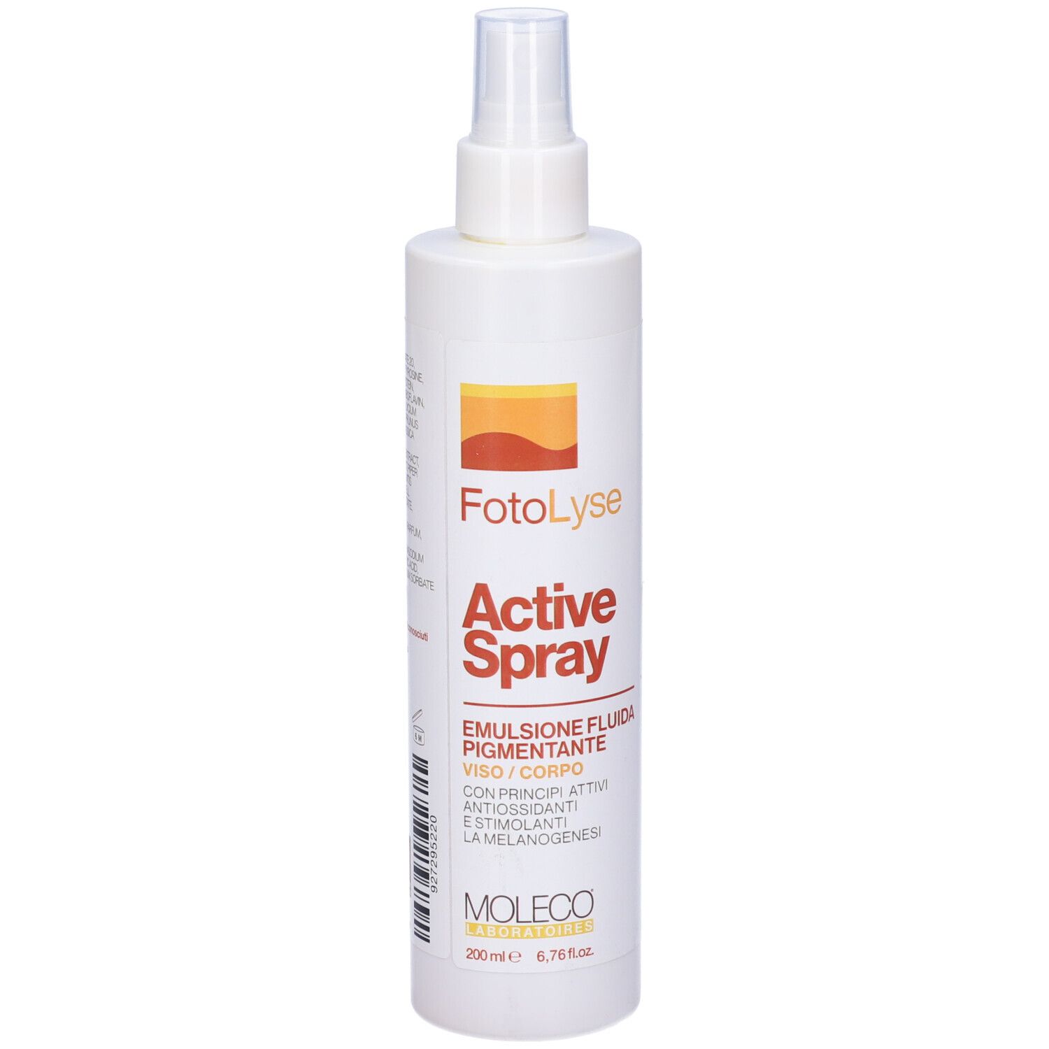 Flacone spray bianco con etichetta arancione. Scritta: FotoLyse Active Spray. Moleco.