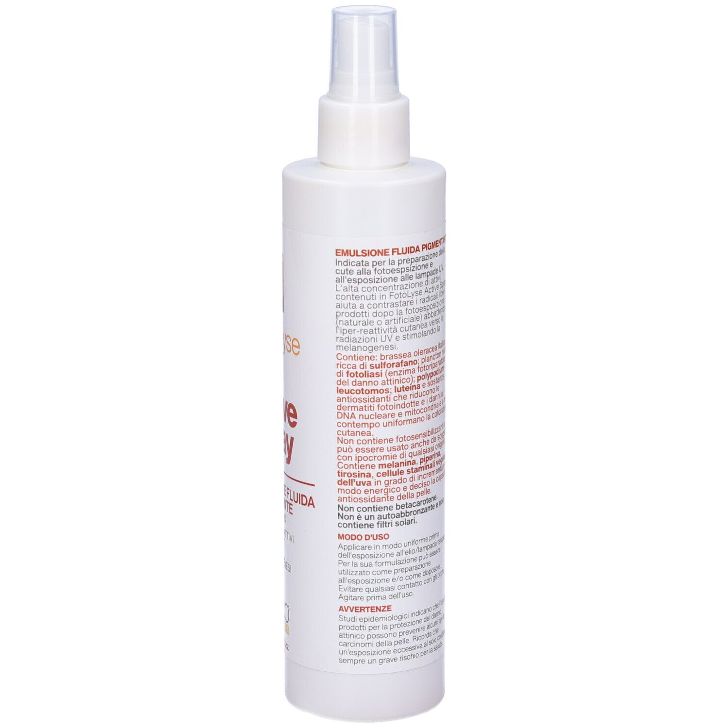 Flacone spray bianco, retro con testo. Ingredienti, avvertenze, informazioni produttore. Moleco.
