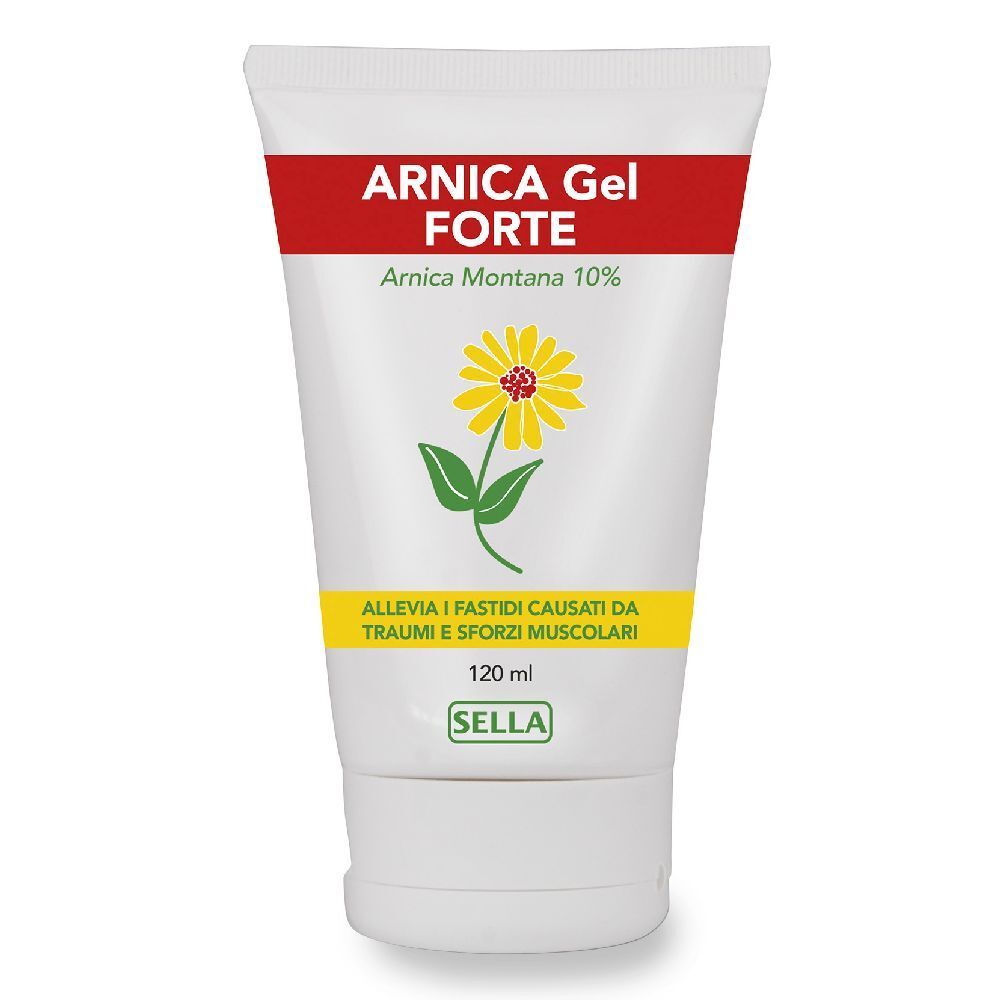 Tube blanche avec bande rouge. Inscription: Arnica Gel Forte, Arnica Montana 10%. Fleur jaune. Texte: Soulage les traumatismes et les efforts musculaires.