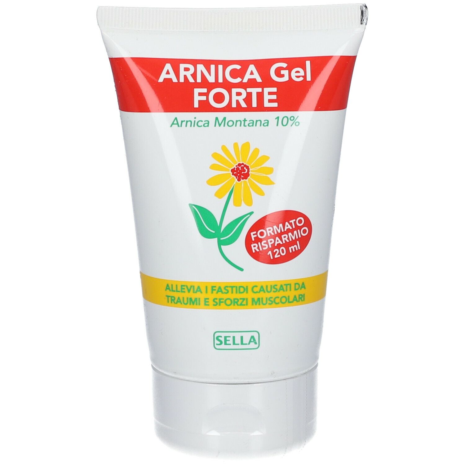 Tube blanc avec bande rouge. Inscription: Arnica Gel Forte, Arnica Montana 10%. Fleur jaune. Texte: Soulage les traumatismes et les efforts musculaires. Étiquette rouge.